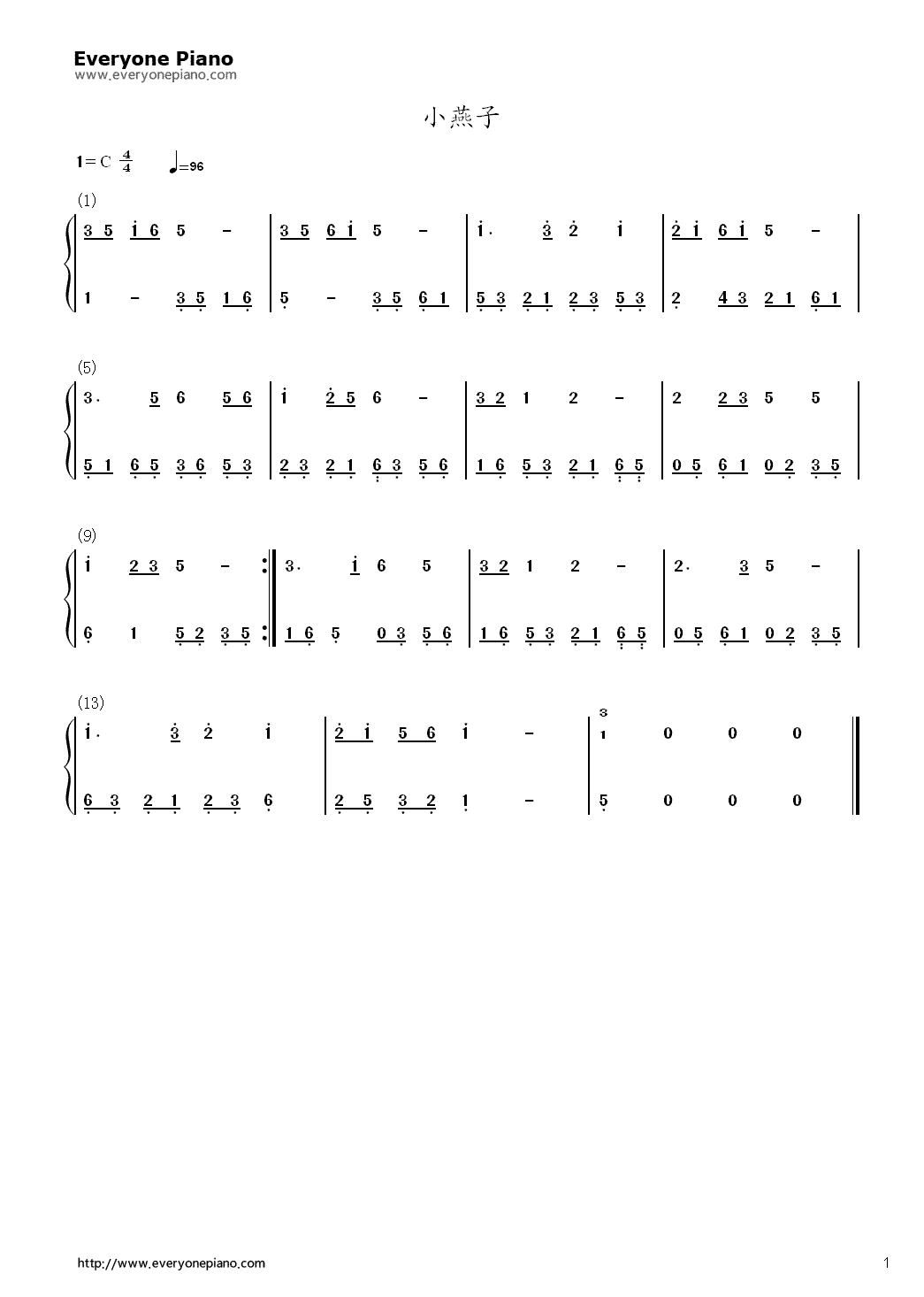 小燕子钢琴简谱_数字双手_王丹凤