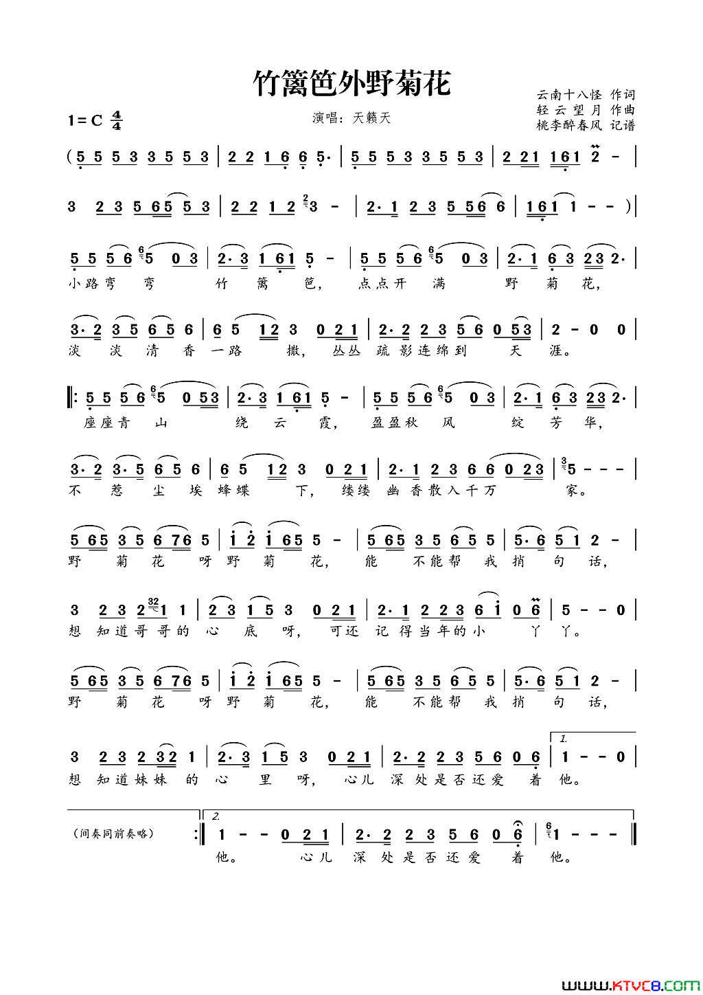 竹篱笆外野菊花简谱_天籁天演唱_云南十八怪/轻云望月词曲