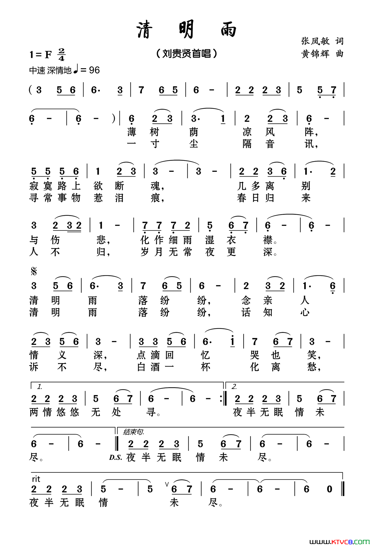 清明雨简谱_刘贵贤演唱_张凤敏/黄锦辉词曲