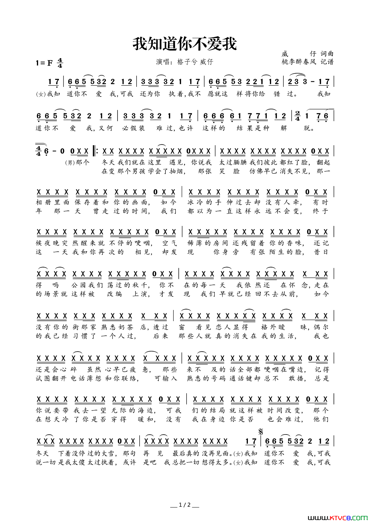 我知道你不爱我简谱_威仔演唱_威仔/威仔词曲