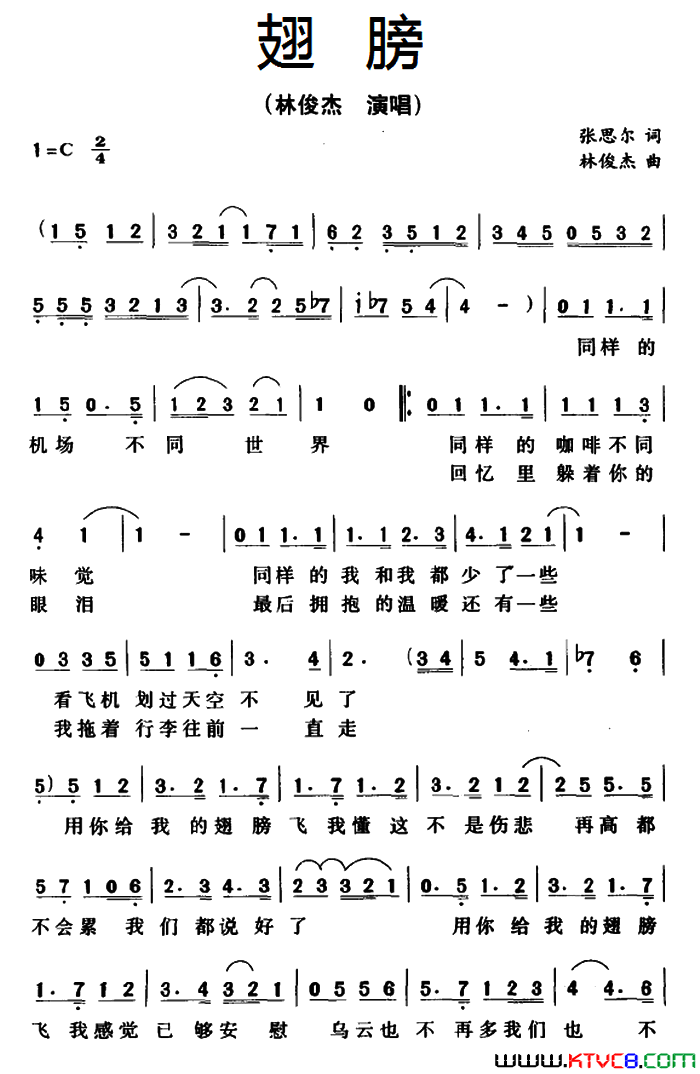 翅膀张思尔词林俊杰曲翅膀张思尔词_林俊杰曲简谱