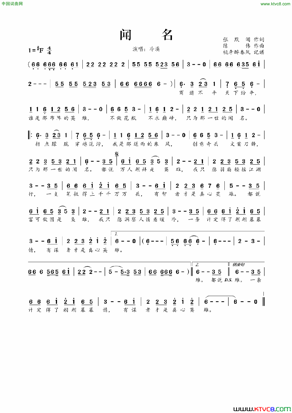 闻名简谱_冷漠演唱_张默闻/陈伟词曲