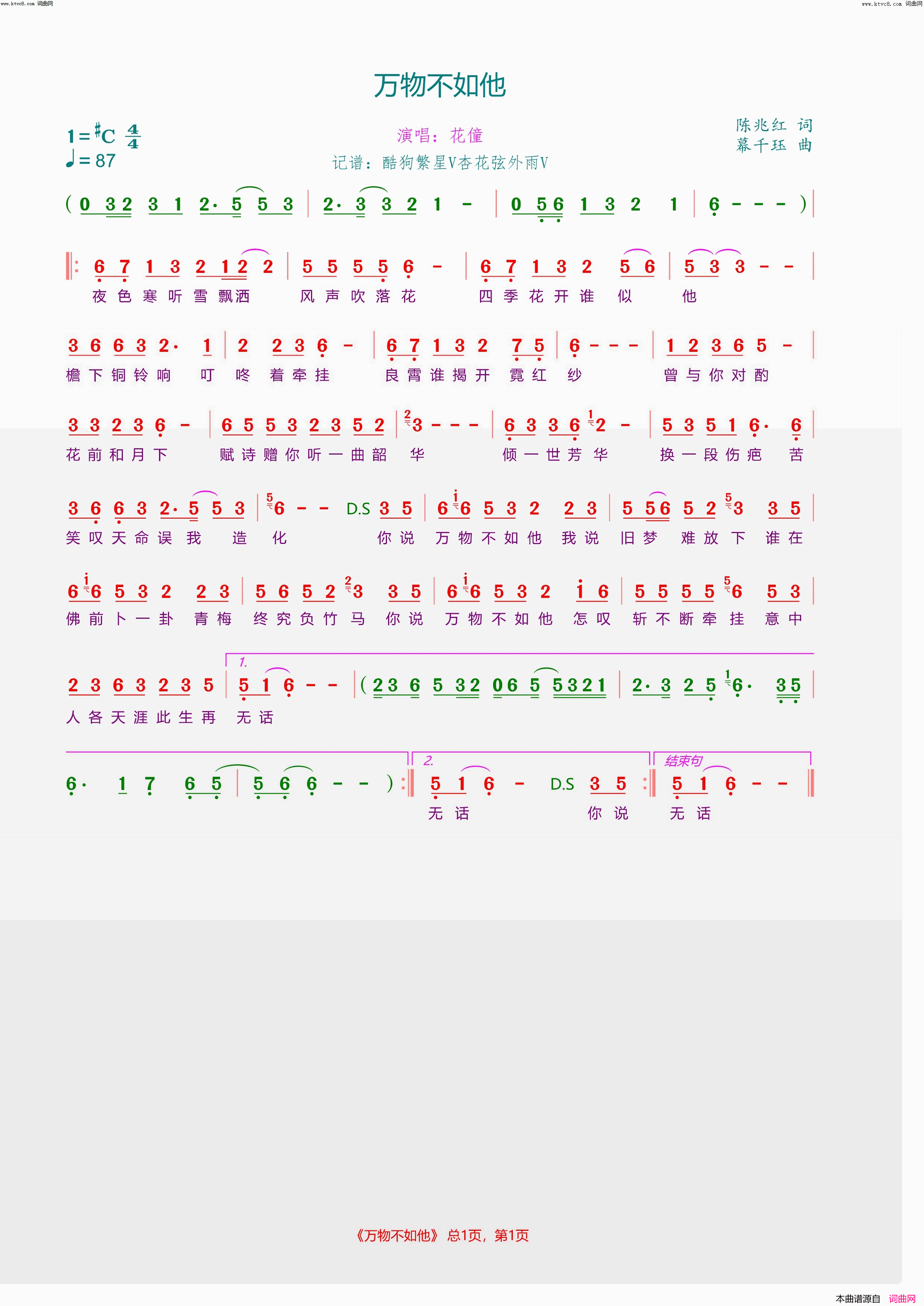 万物不如他简谱_花僮演唱_陈兆红/幕千珏词曲