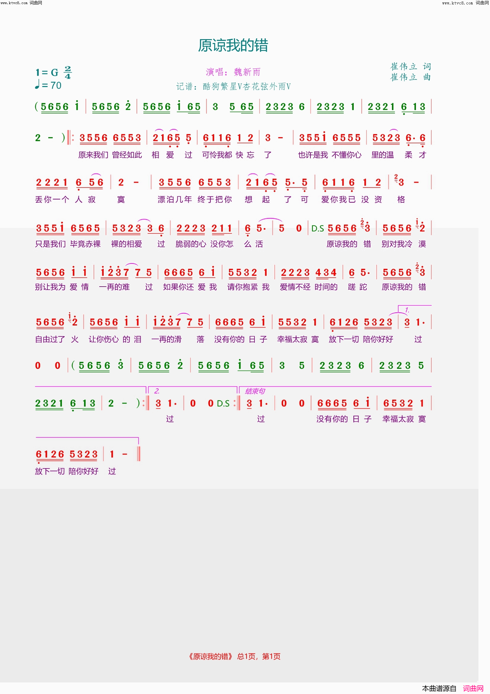 原谅我的错简谱_魏新雨演唱_崔伟立/崔伟立词曲