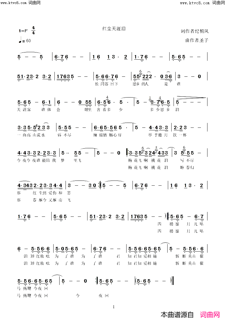 红尘天涯泪简谱_圣子演唱_纪朝风/圣子词曲