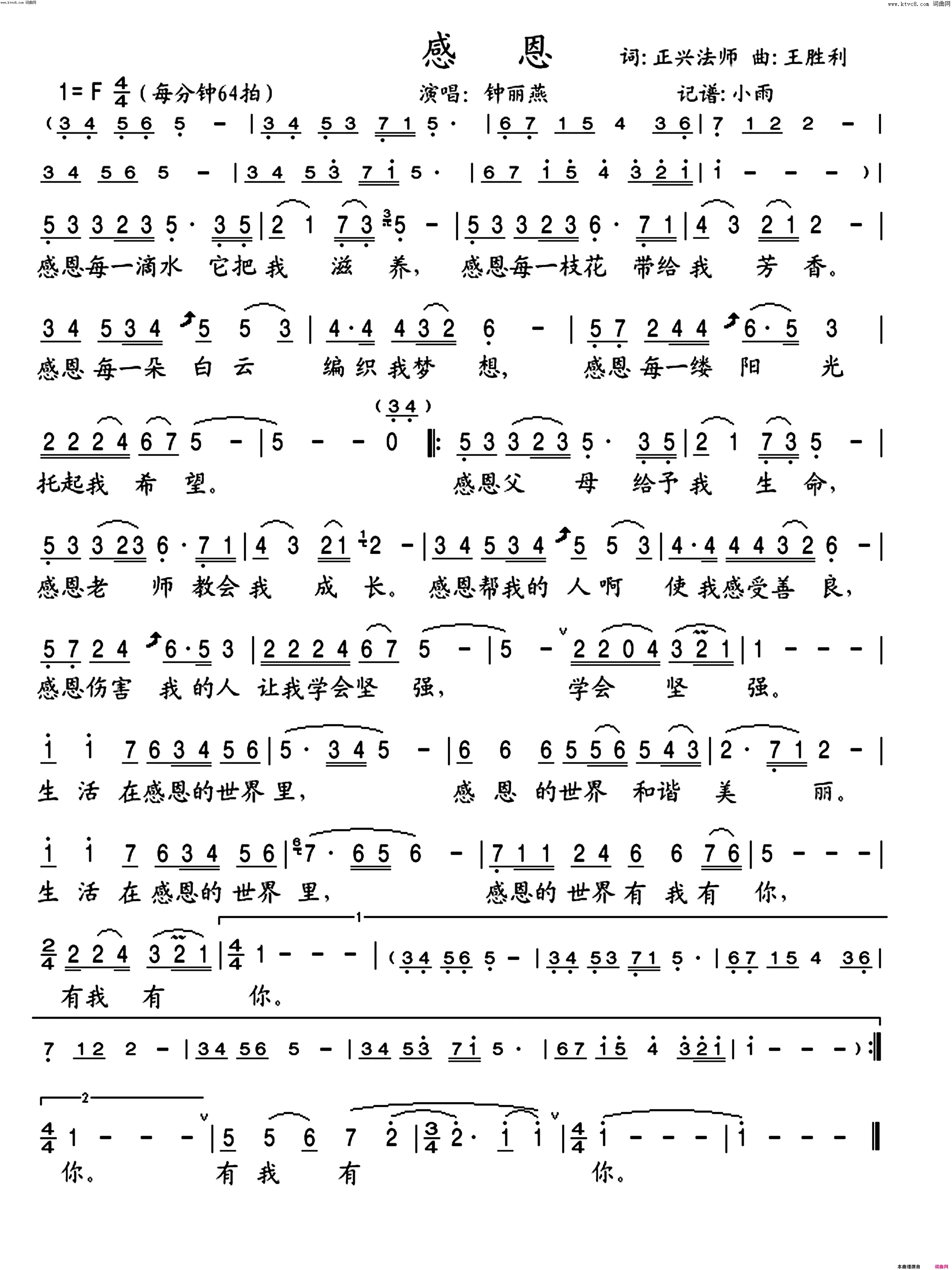 感恩钟丽燕演唱版简谱_钟丽燕演唱_正兴法师/王胜利词曲