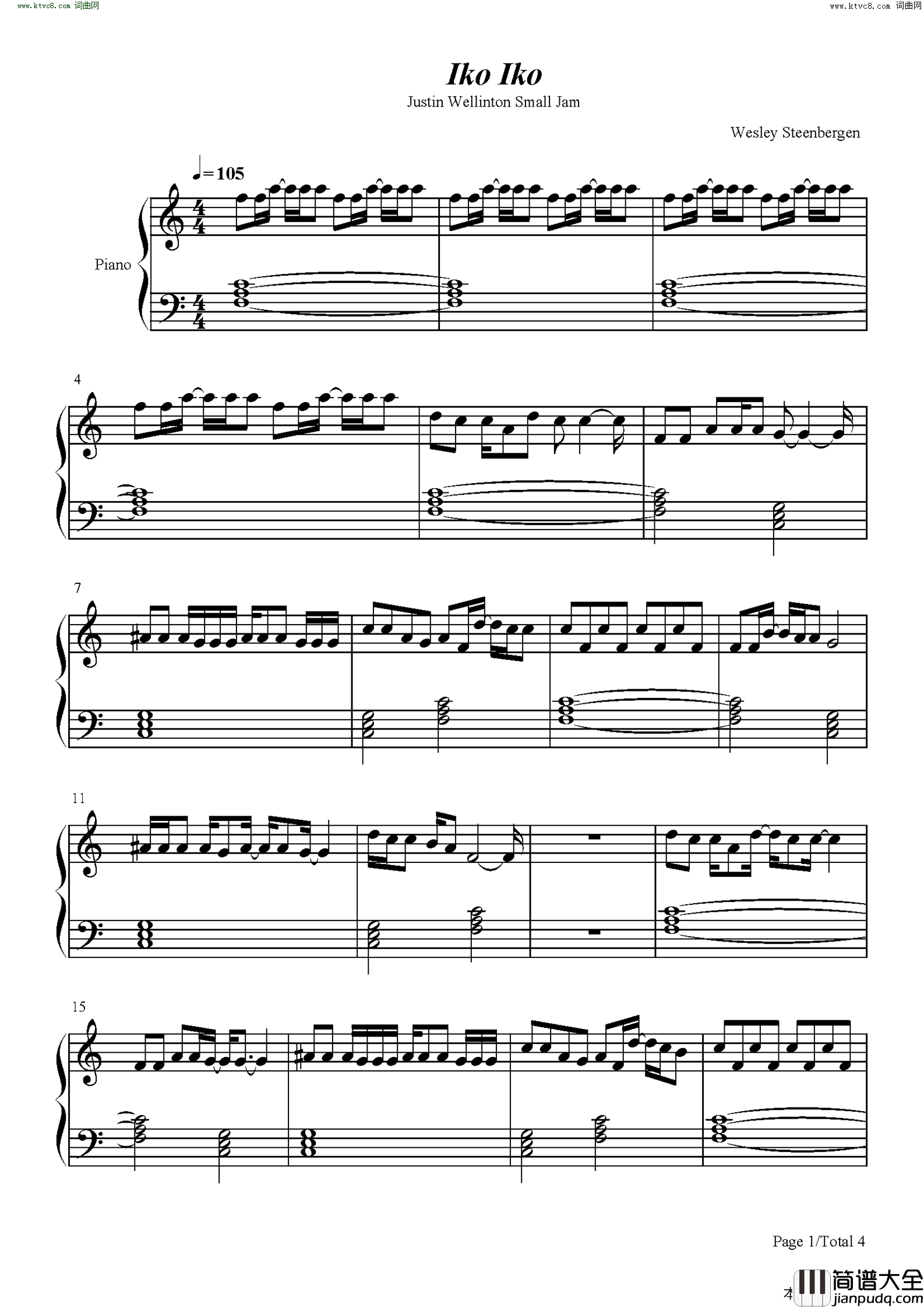 Iko_Iko简谱_Justin_Wellington_ft_Small_Jam演唱