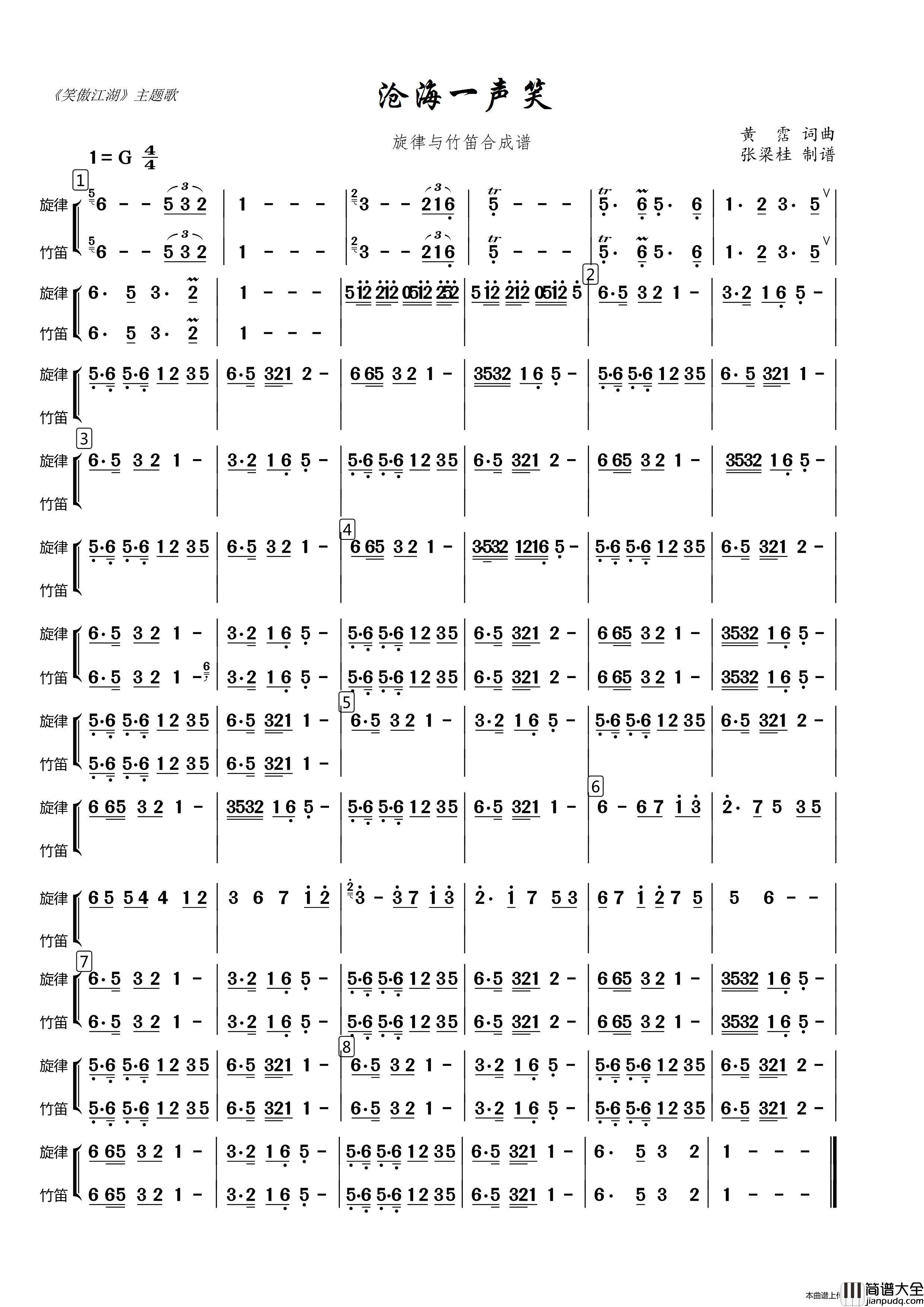 沧海一声笑（旋律与竹笛合成谱）简谱_演唱_博士制作曲谱