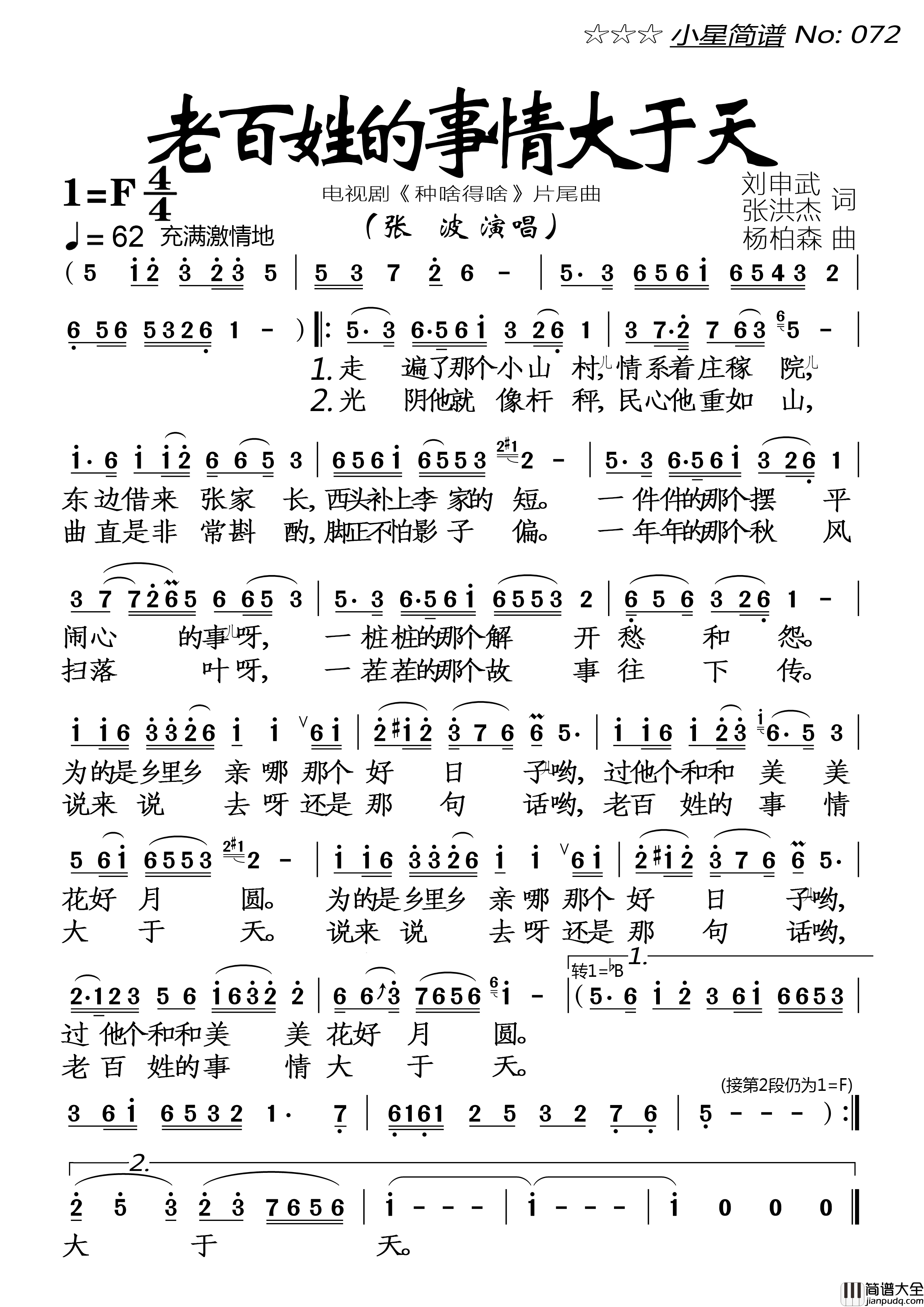 老百姓的事情大于天简谱_张波演唱_落红制作曲谱