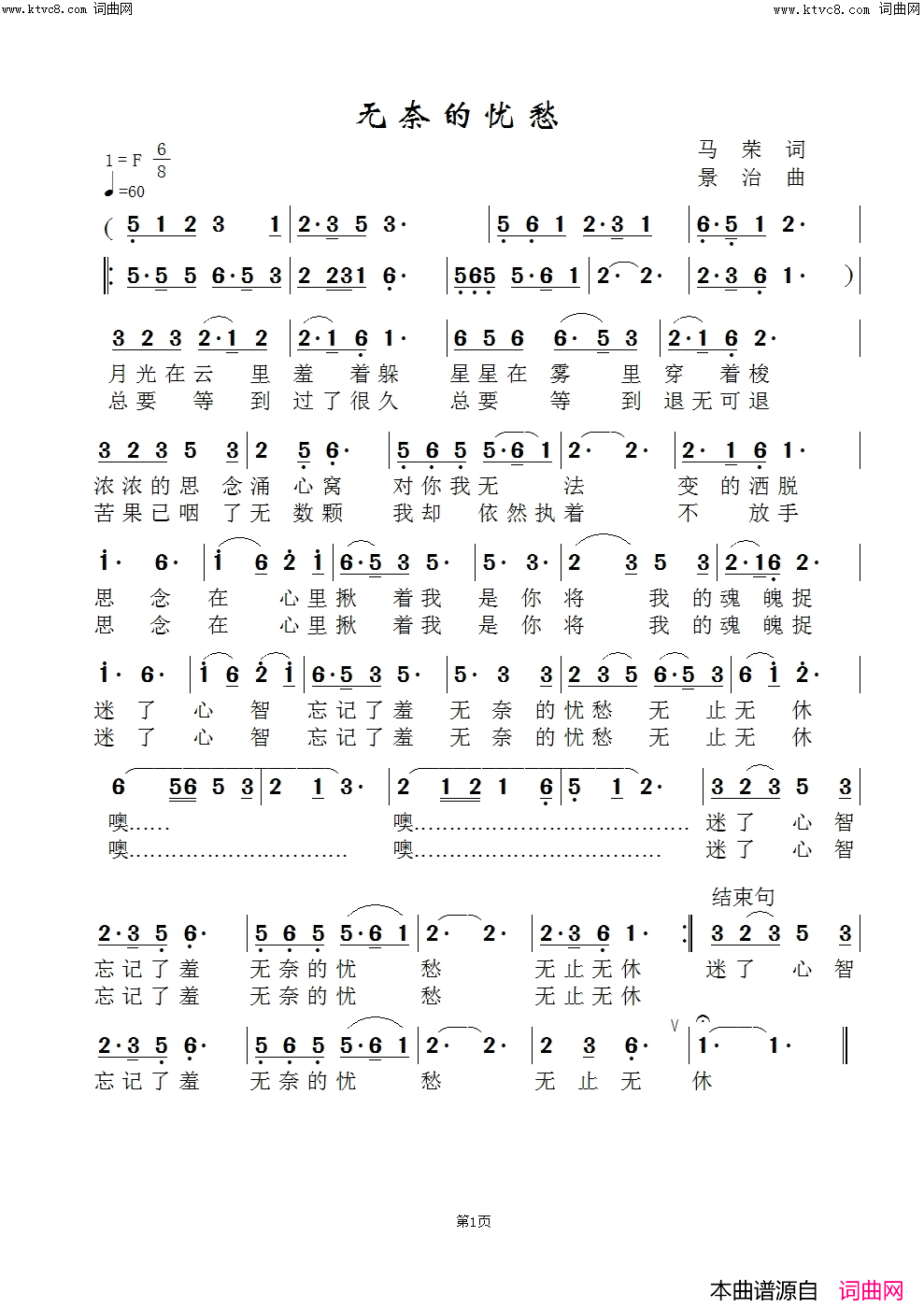 无奈的忧愁(闻梵版)简谱_闻梵演唱_范景治曲谱