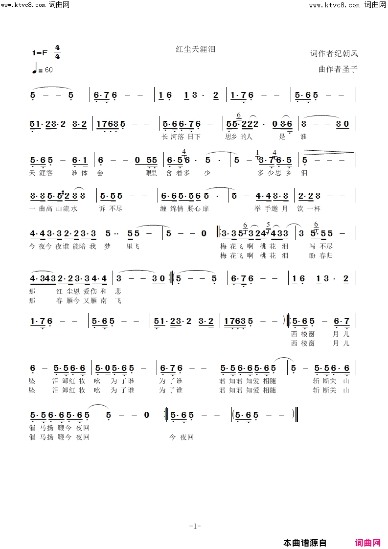 红尘天涯泪简谱_圣子演唱_圣子曲谱