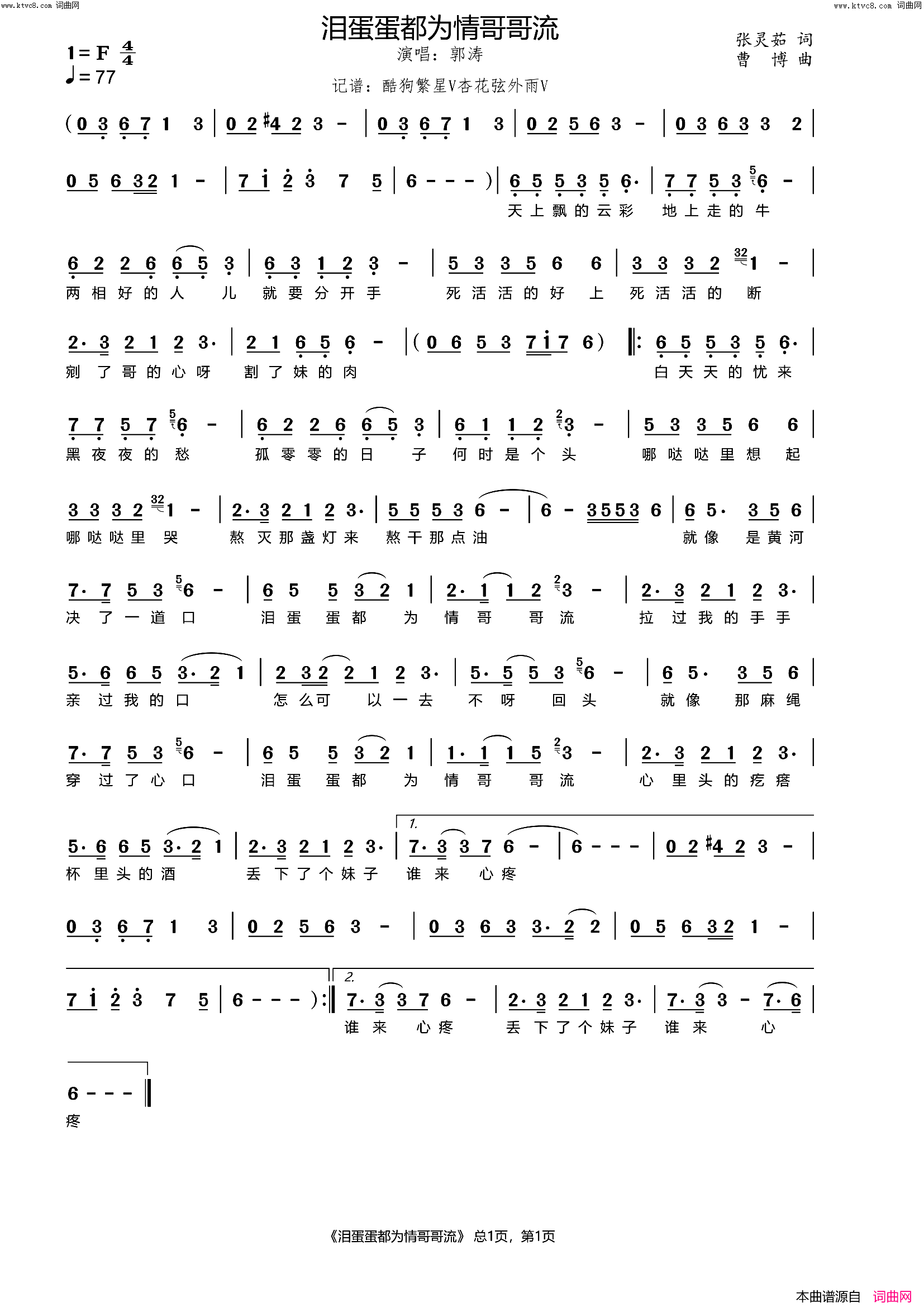 泪蛋蛋都为情哥哥流简谱_郭涛演唱_杏花弦外雨曲谱