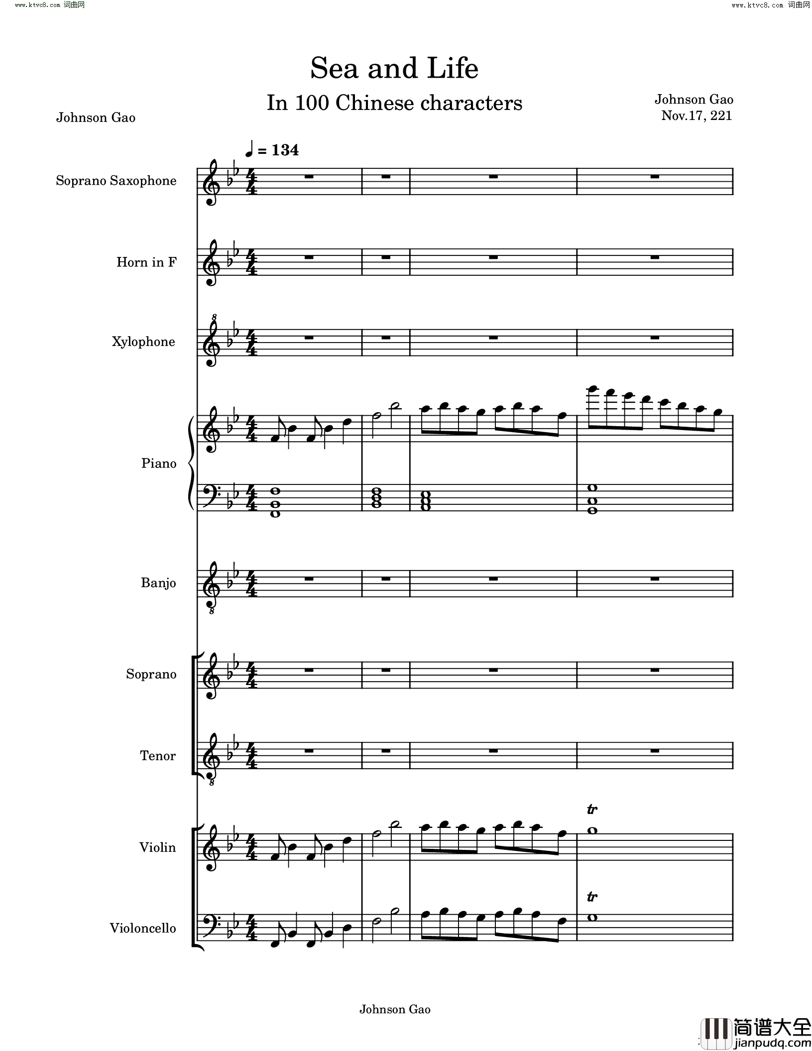 大海人生百字歌Sea_and_Life简谱_Johnson_Gao曲谱