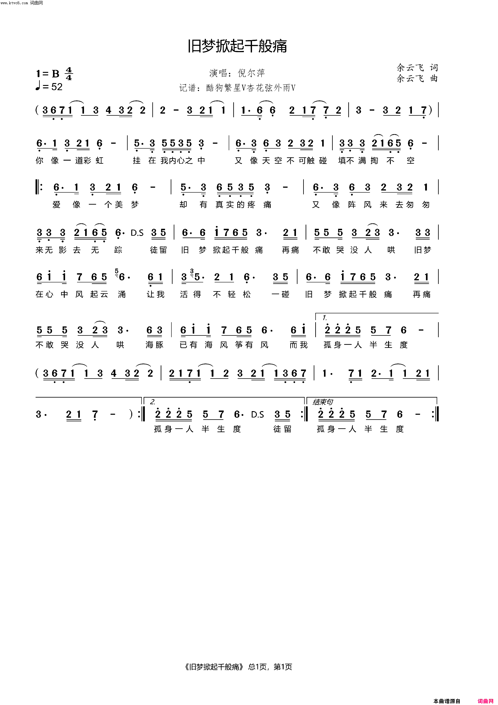 旧梦掀起千般痛简谱_倪尔萍演唱_杏花弦外雨曲谱