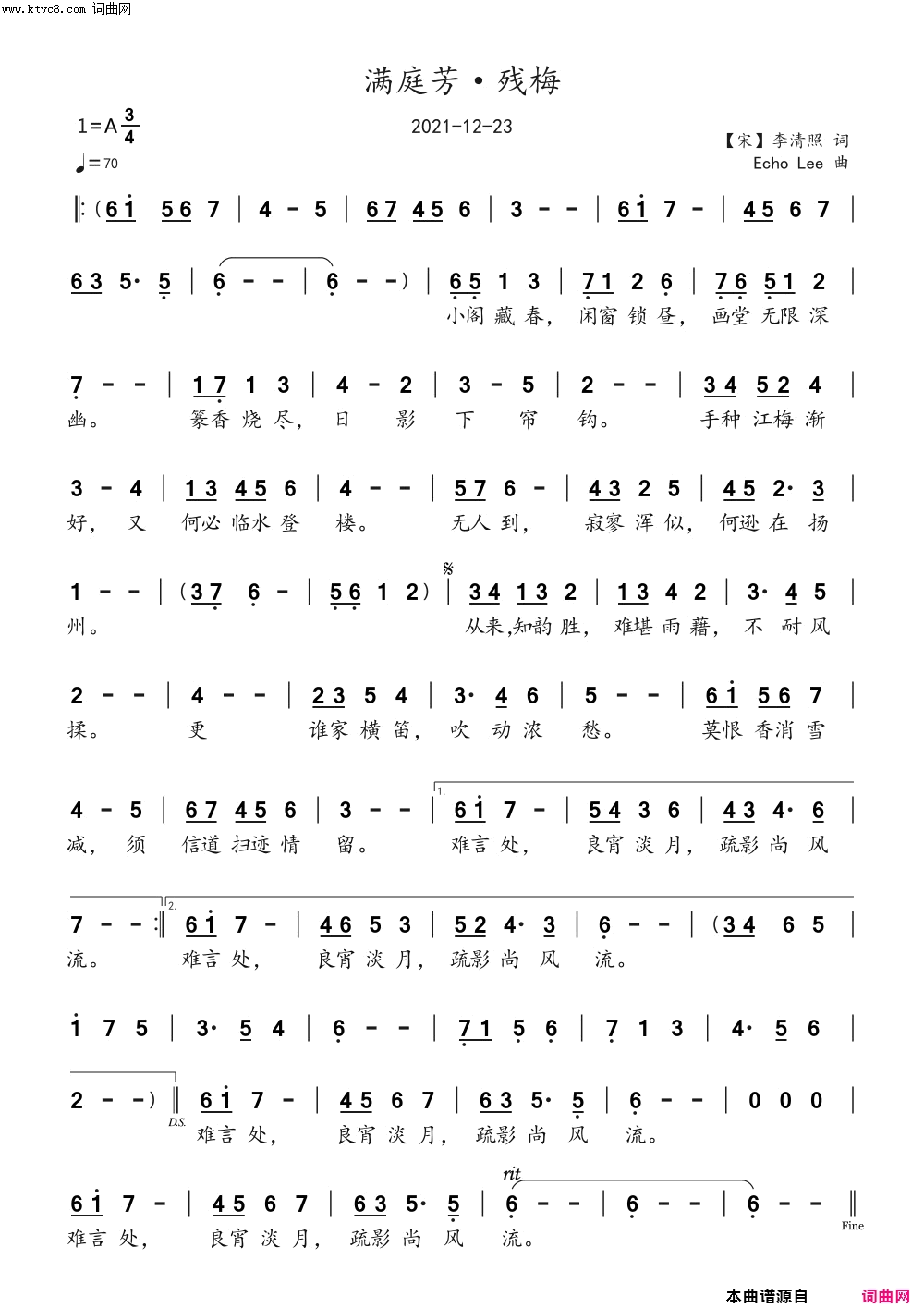 满庭芳·残梅简谱_echoLee曲谱