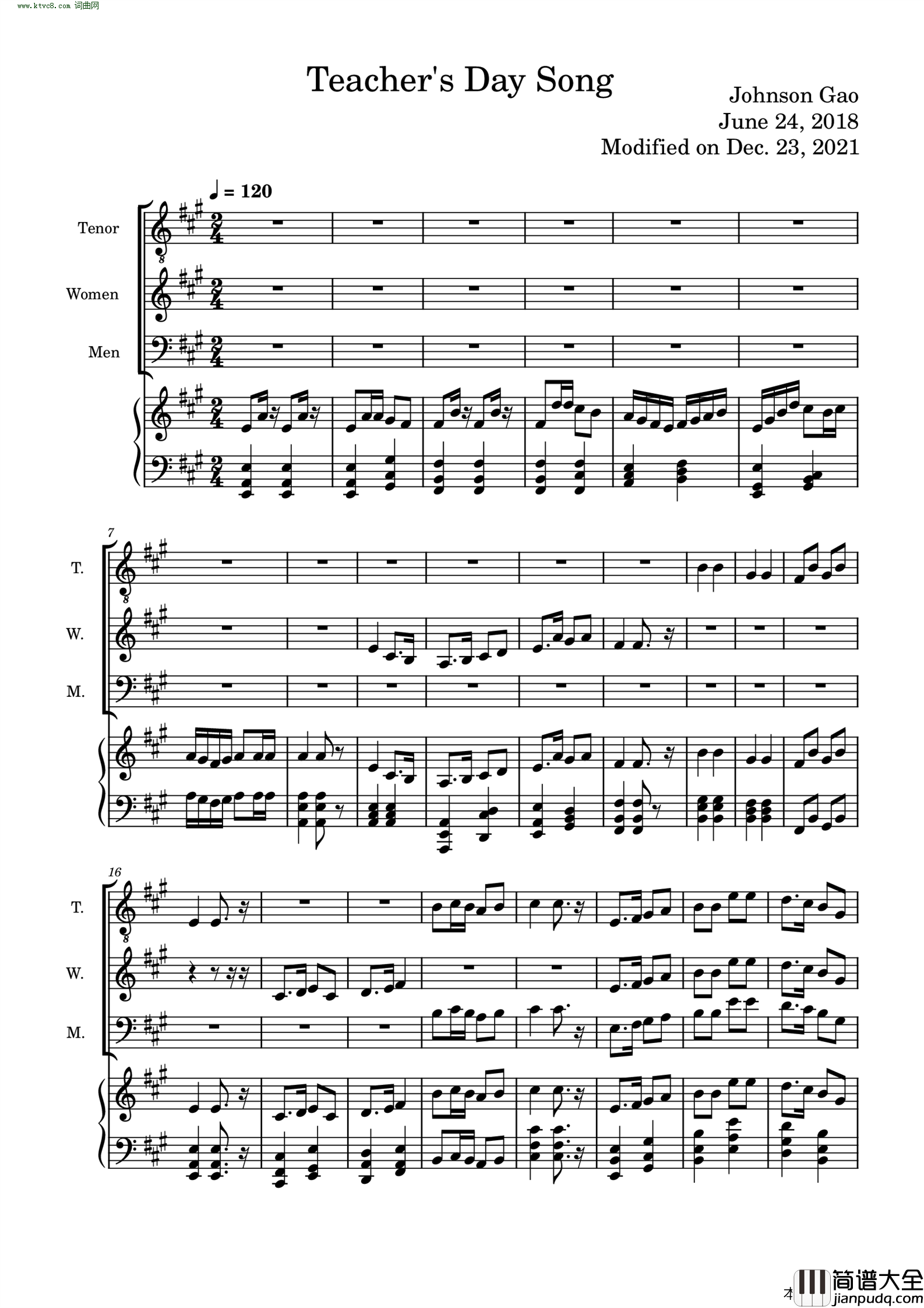 教师节之歌简谱_Johnson_Gao曲谱