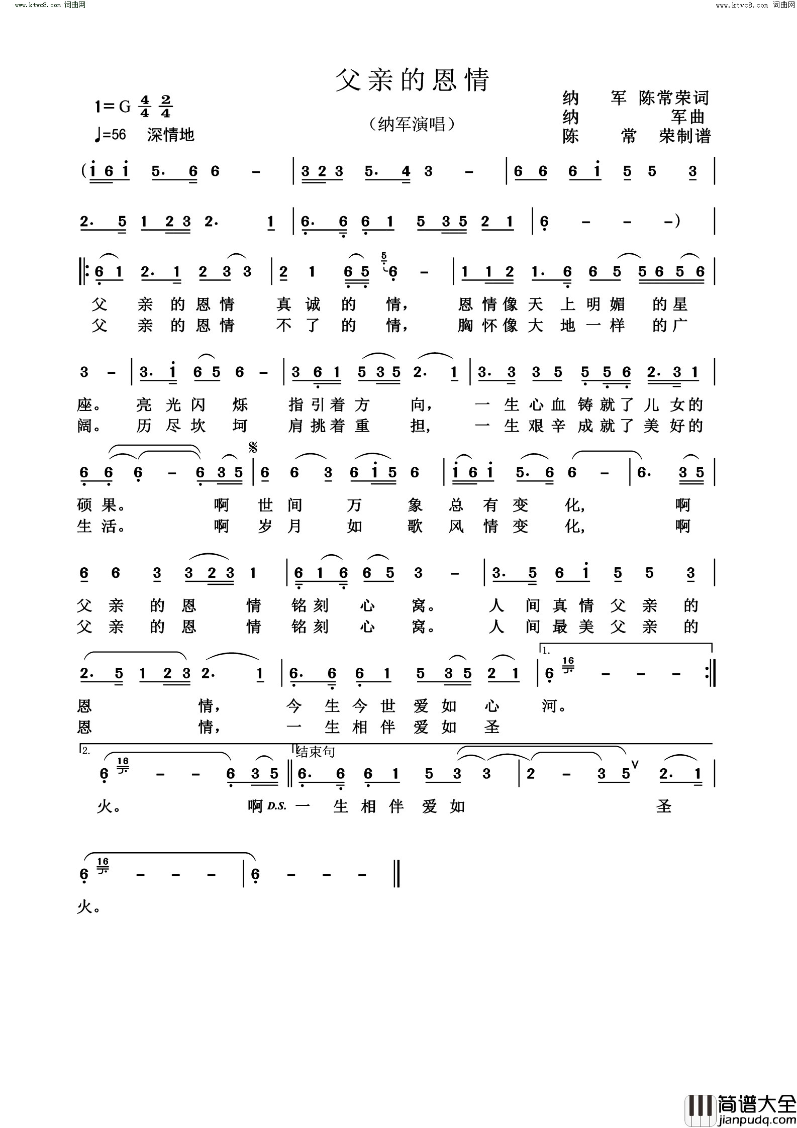 父亲的恩情简谱_纳军演唱_陈常荣、纳军/纳军词曲