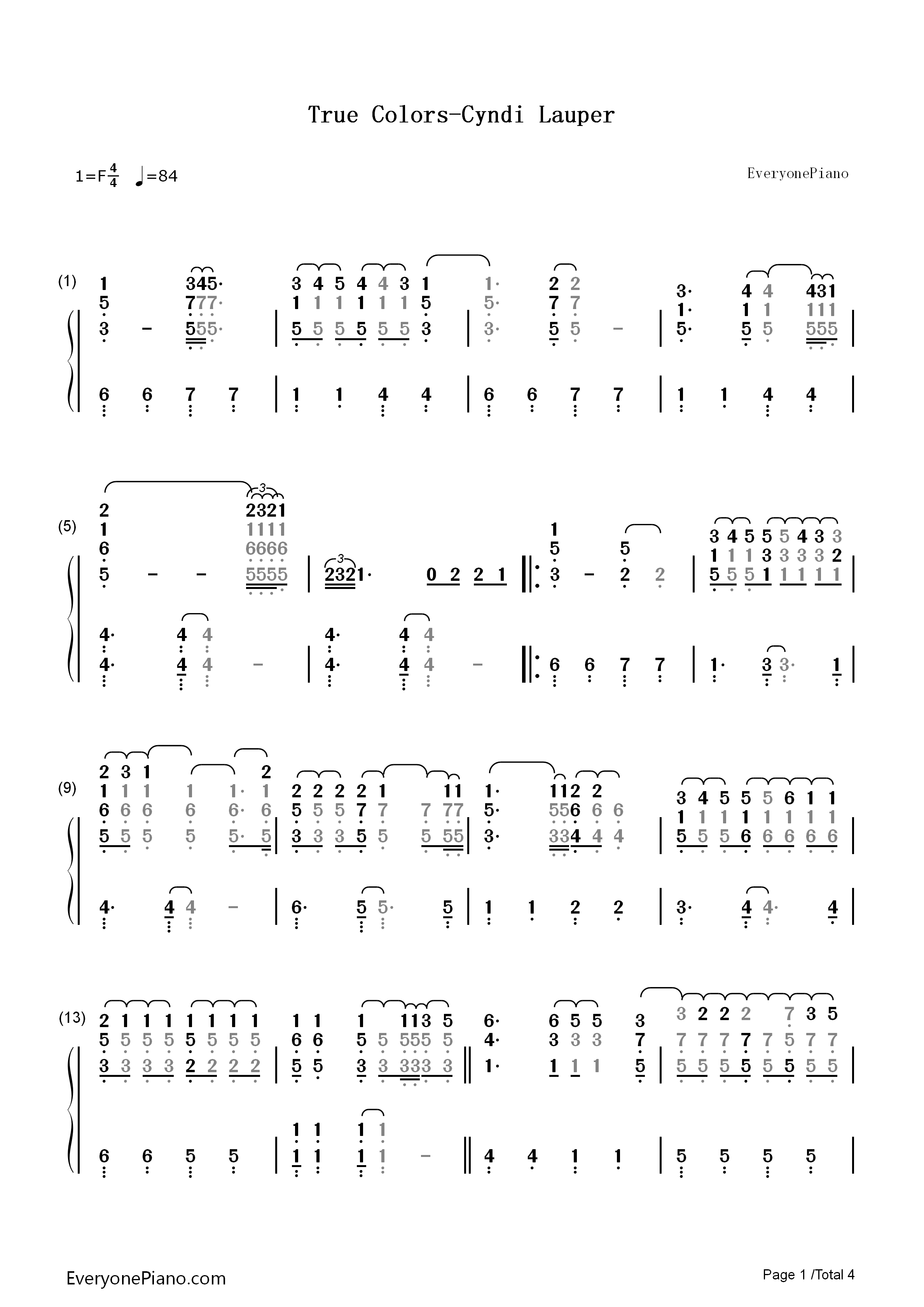 True_Colors钢琴简谱_Cyndi_Lauper演唱