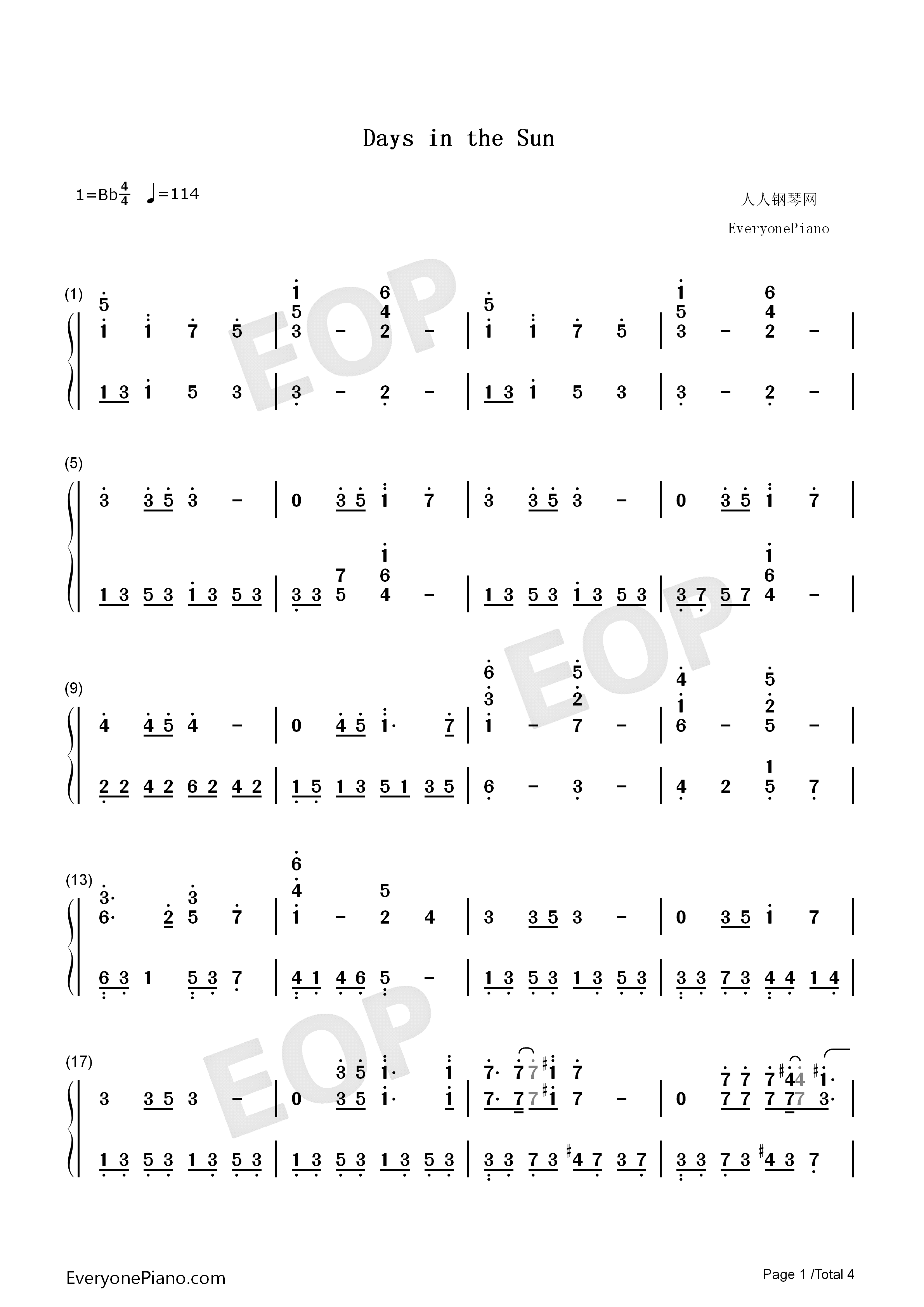 Days_in_the_Sun钢琴简谱_Alan_Menken演唱