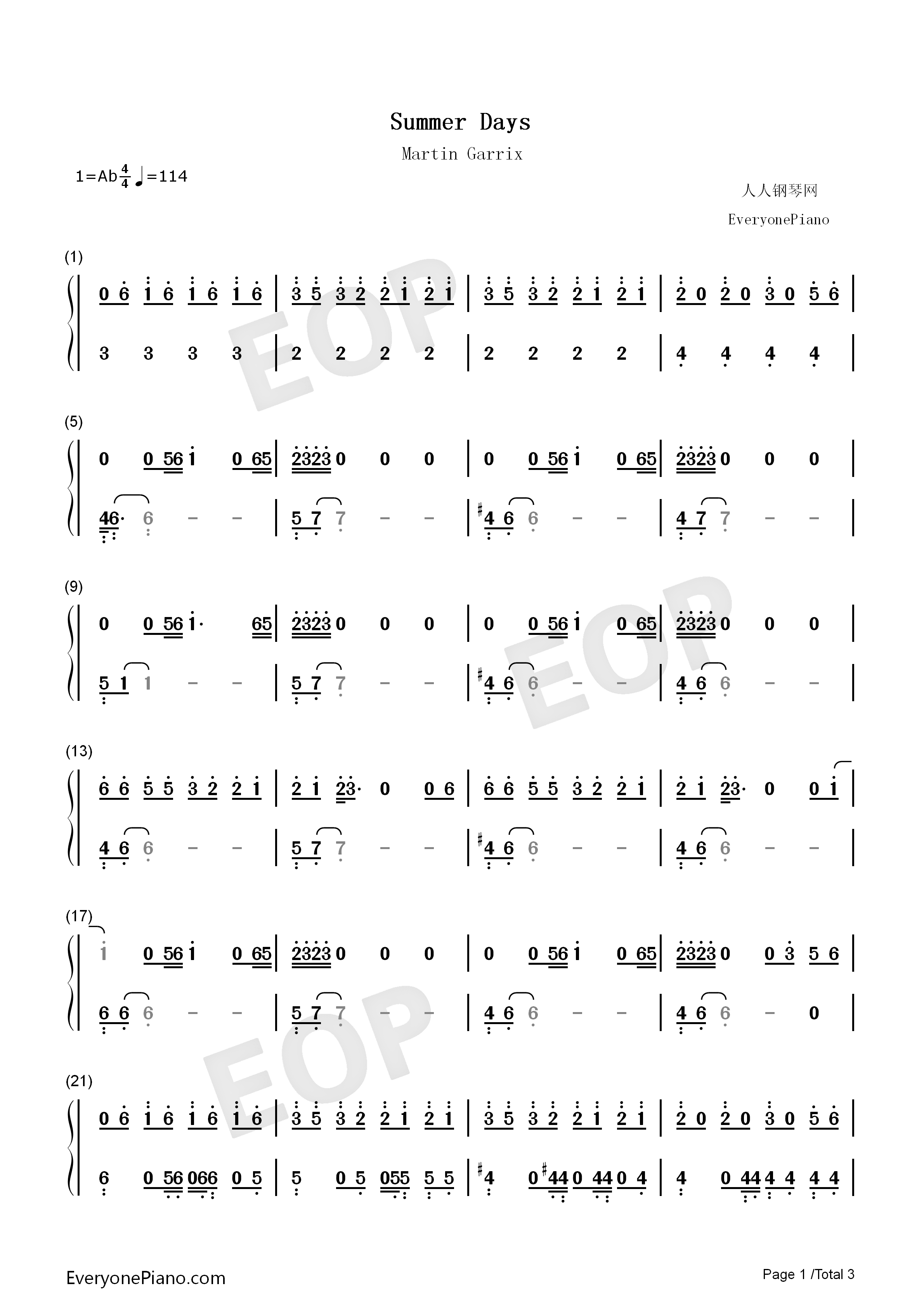 Summer_Days钢琴简谱_Martin_Garrix演唱