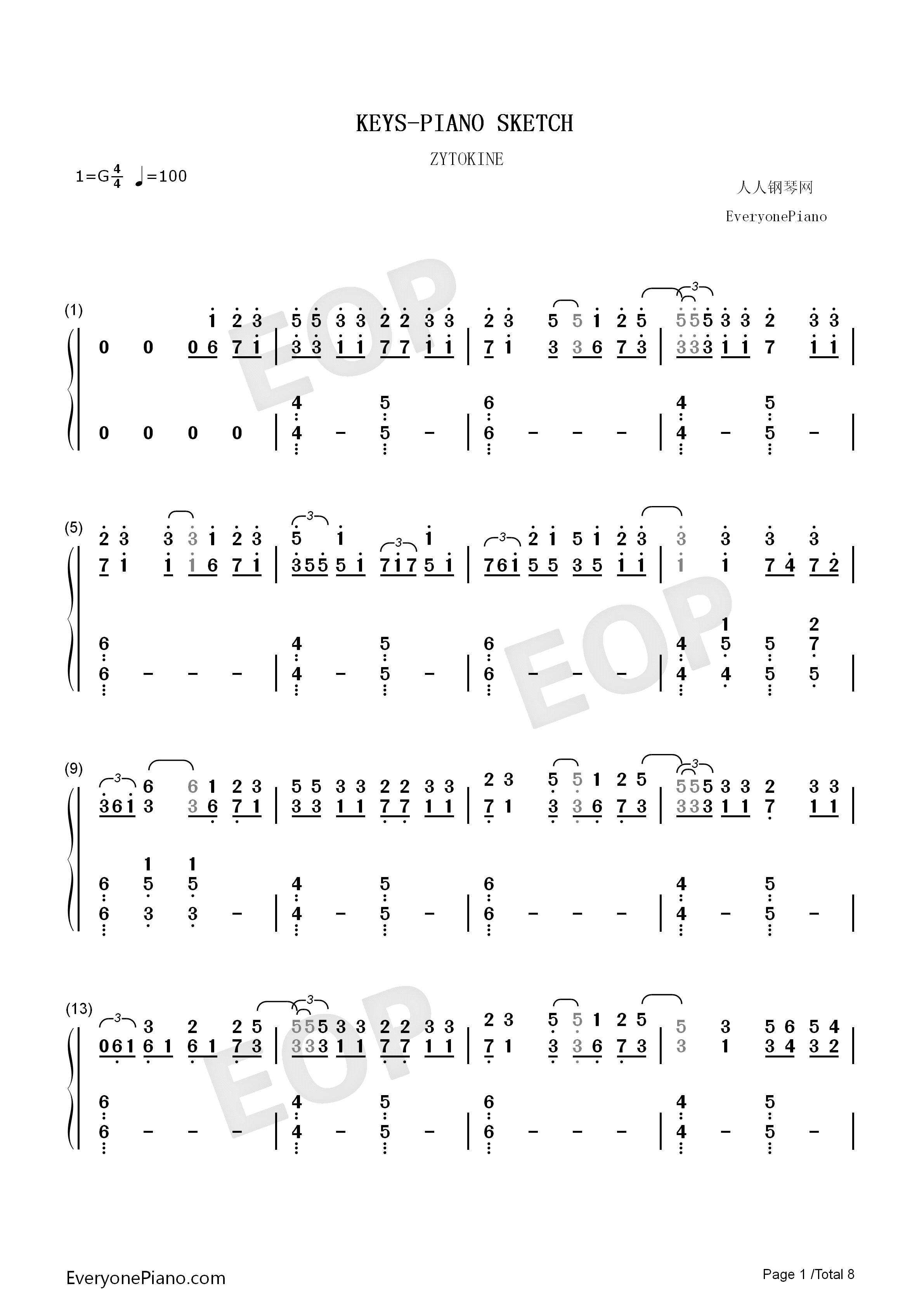 KEYS钢琴简谱_ZYTOKINE演唱