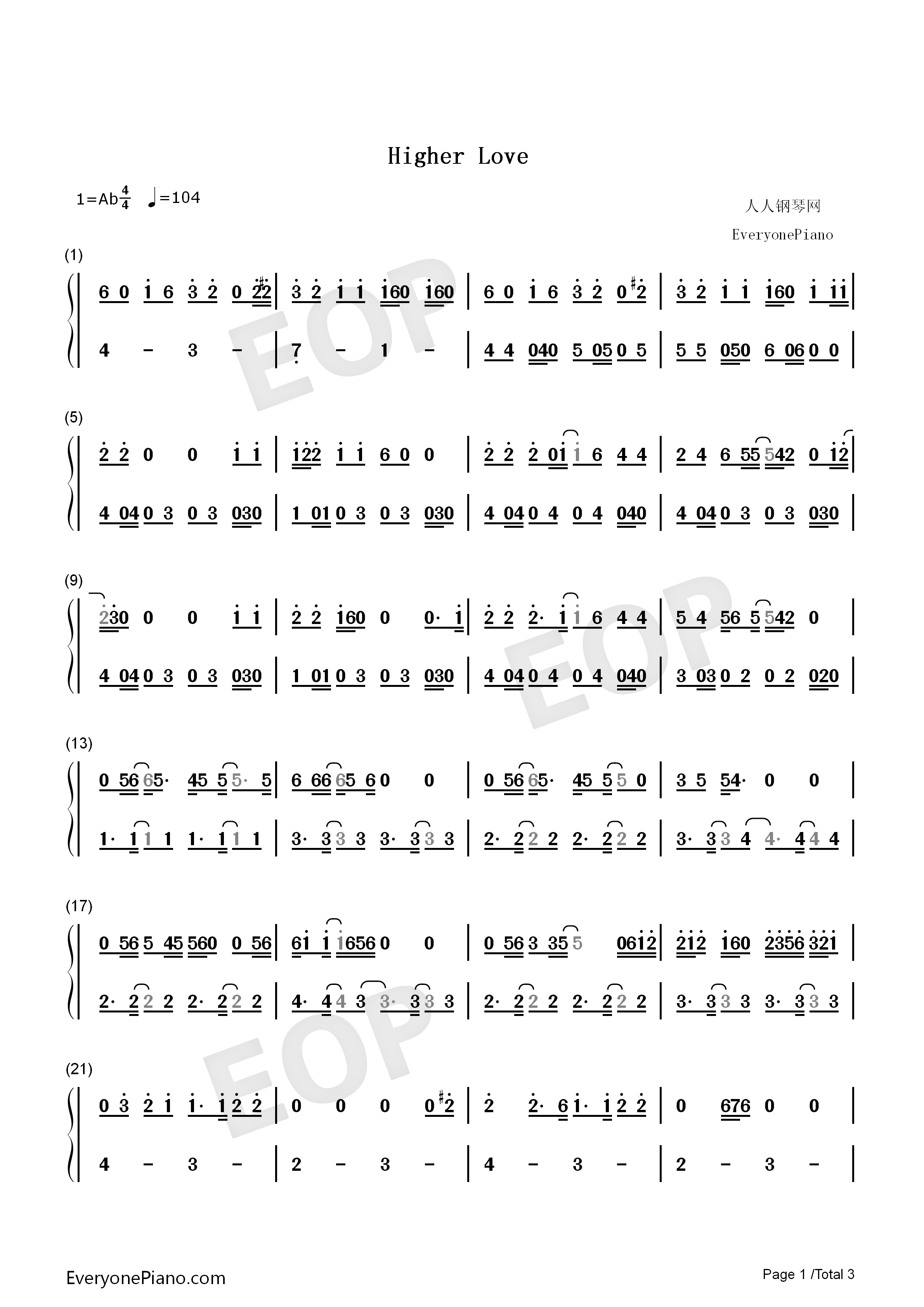 Higher_Love钢琴简谱_Kygo_Whitney_Houston演唱