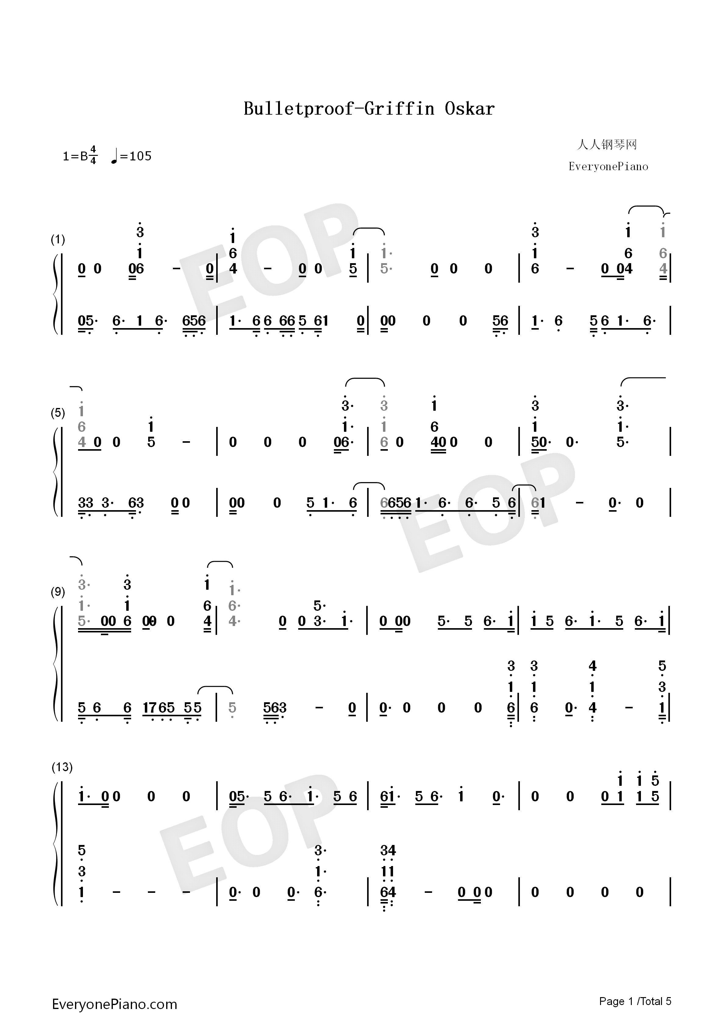 Bulletproof钢琴简谱_Griffin_Oskar演唱