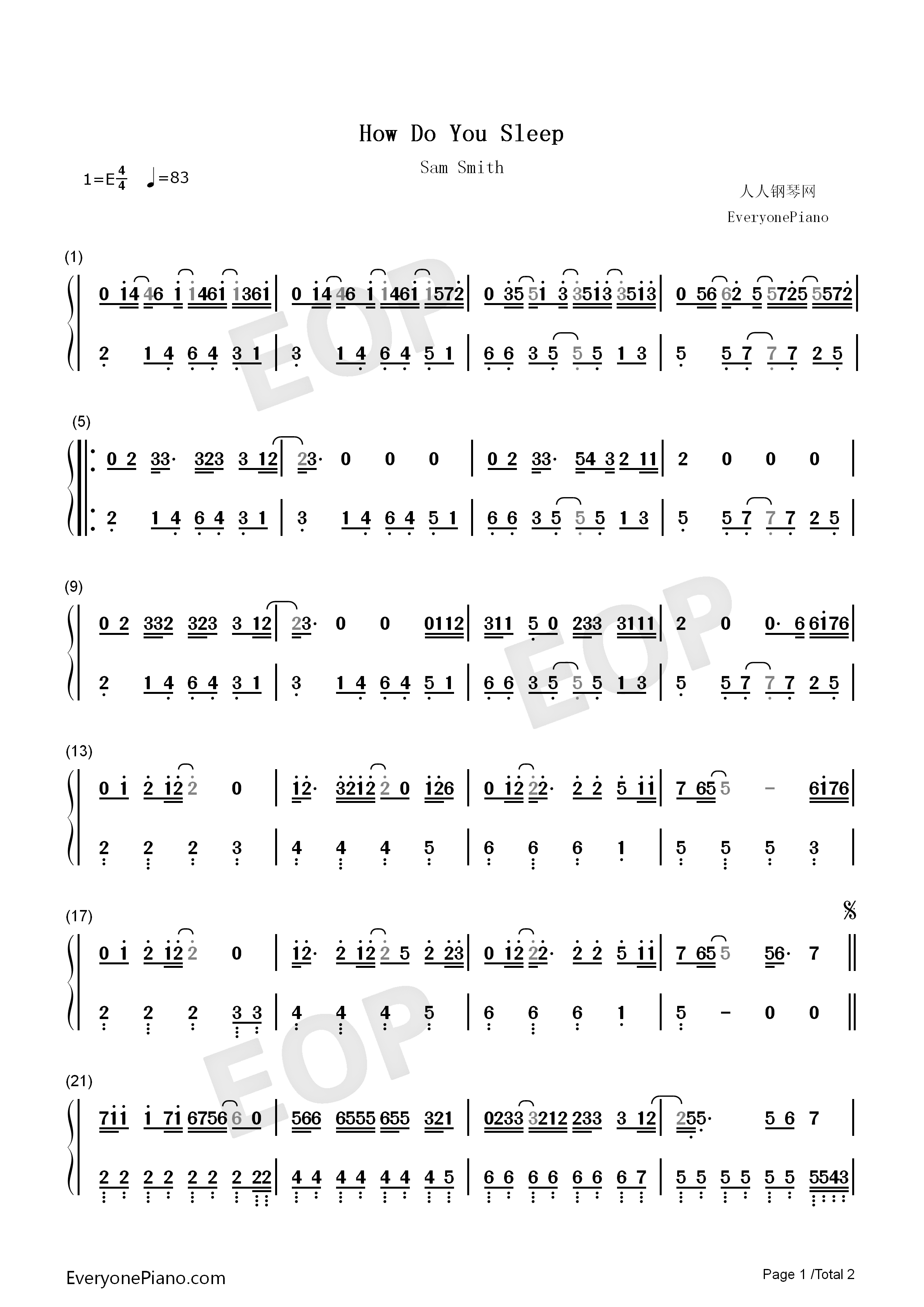 How_Do_You_Sleep钢琴简谱_Sam_Smith演唱