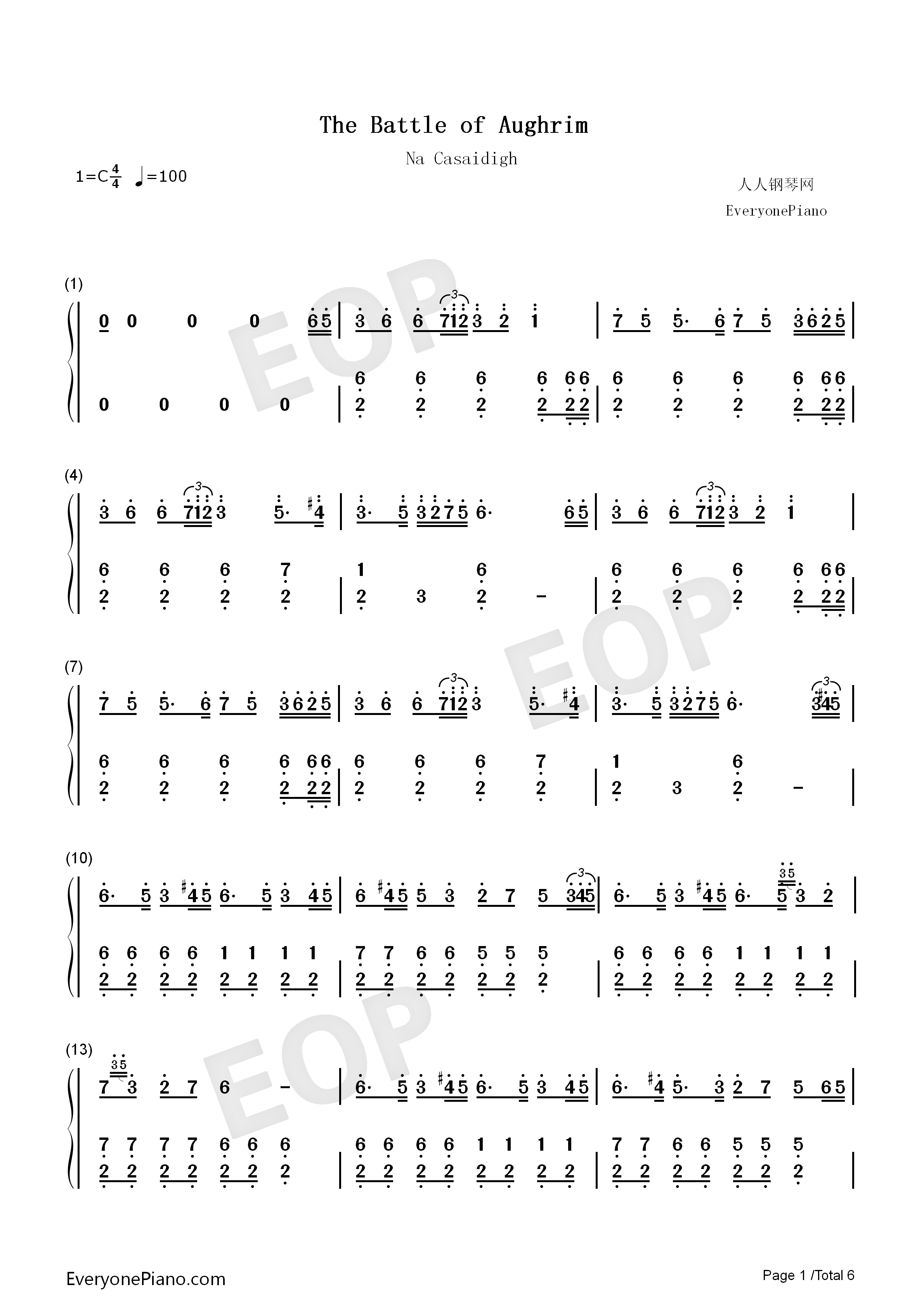 The_Battle_of_Aughrim钢琴简谱_Na_Casaidigh演唱