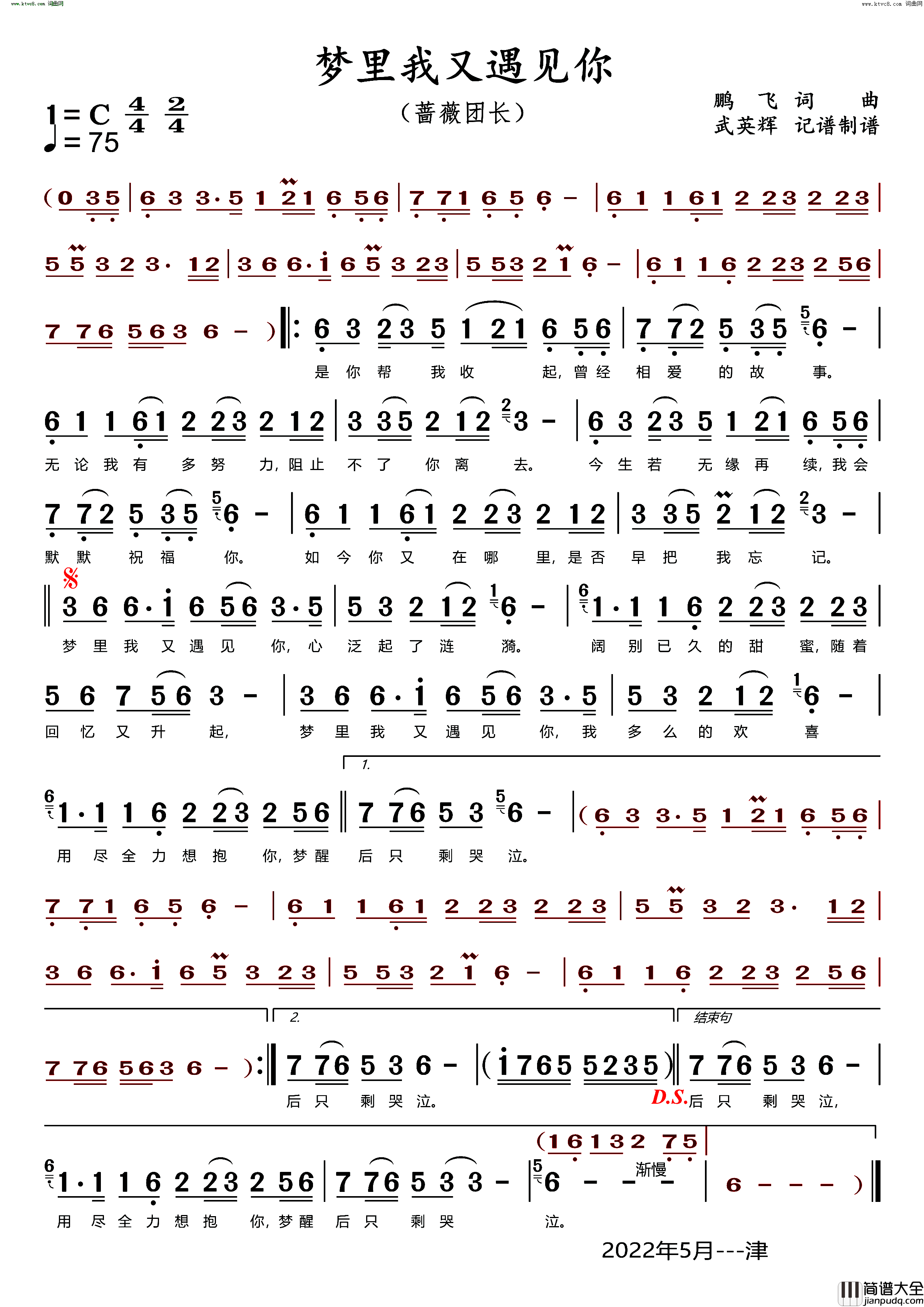 梦里我又遇见你简谱_蔷薇团长演唱_鹏飞/鹏飞词曲