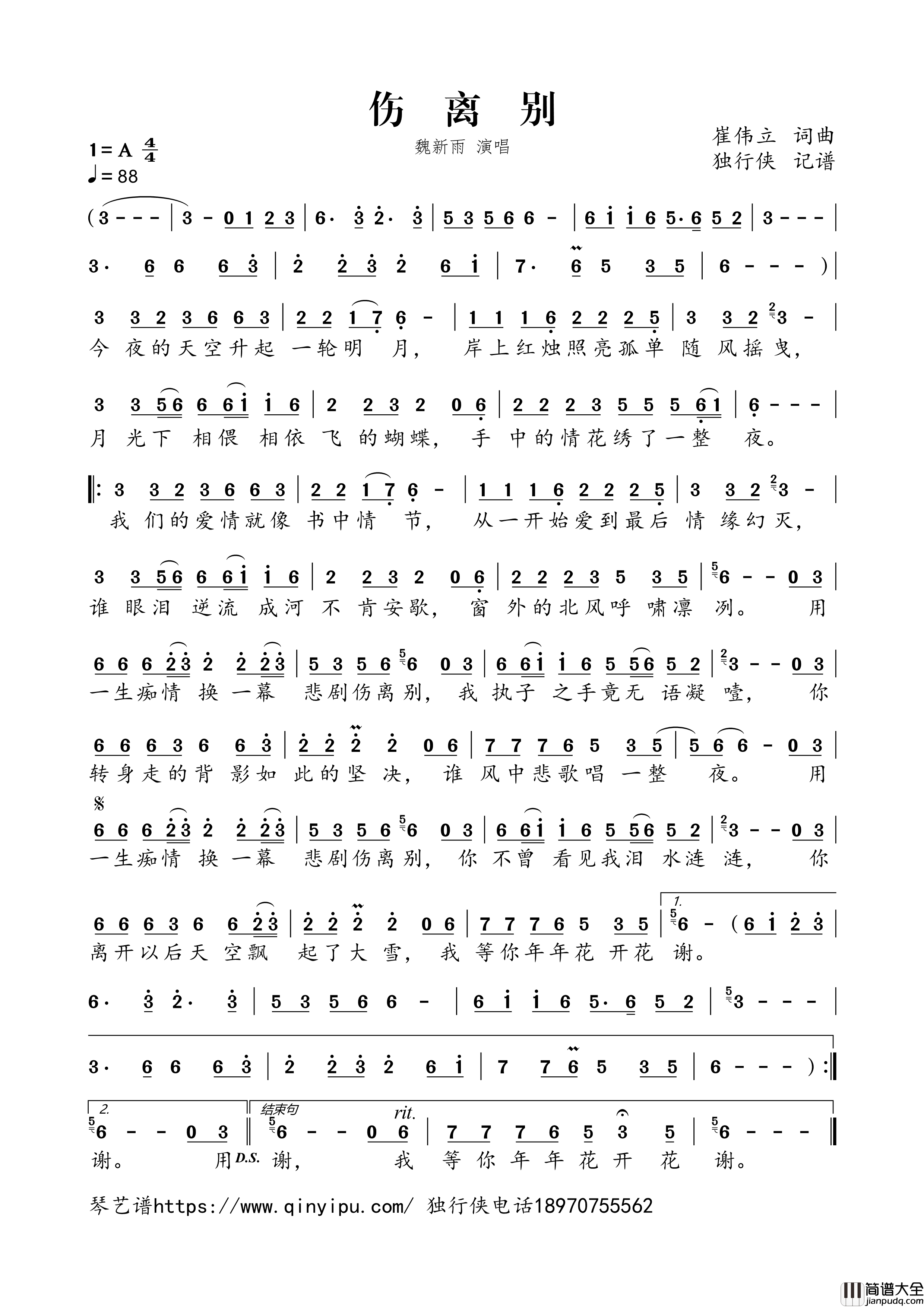 伤离别简谱歌词_魏新雨演唱