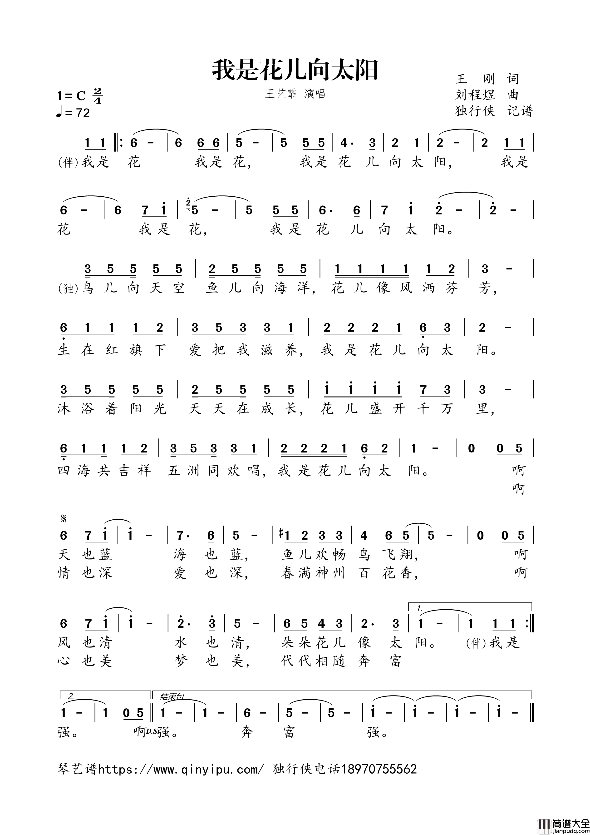 我是花儿向太阳简谱歌词_王艺霏演唱