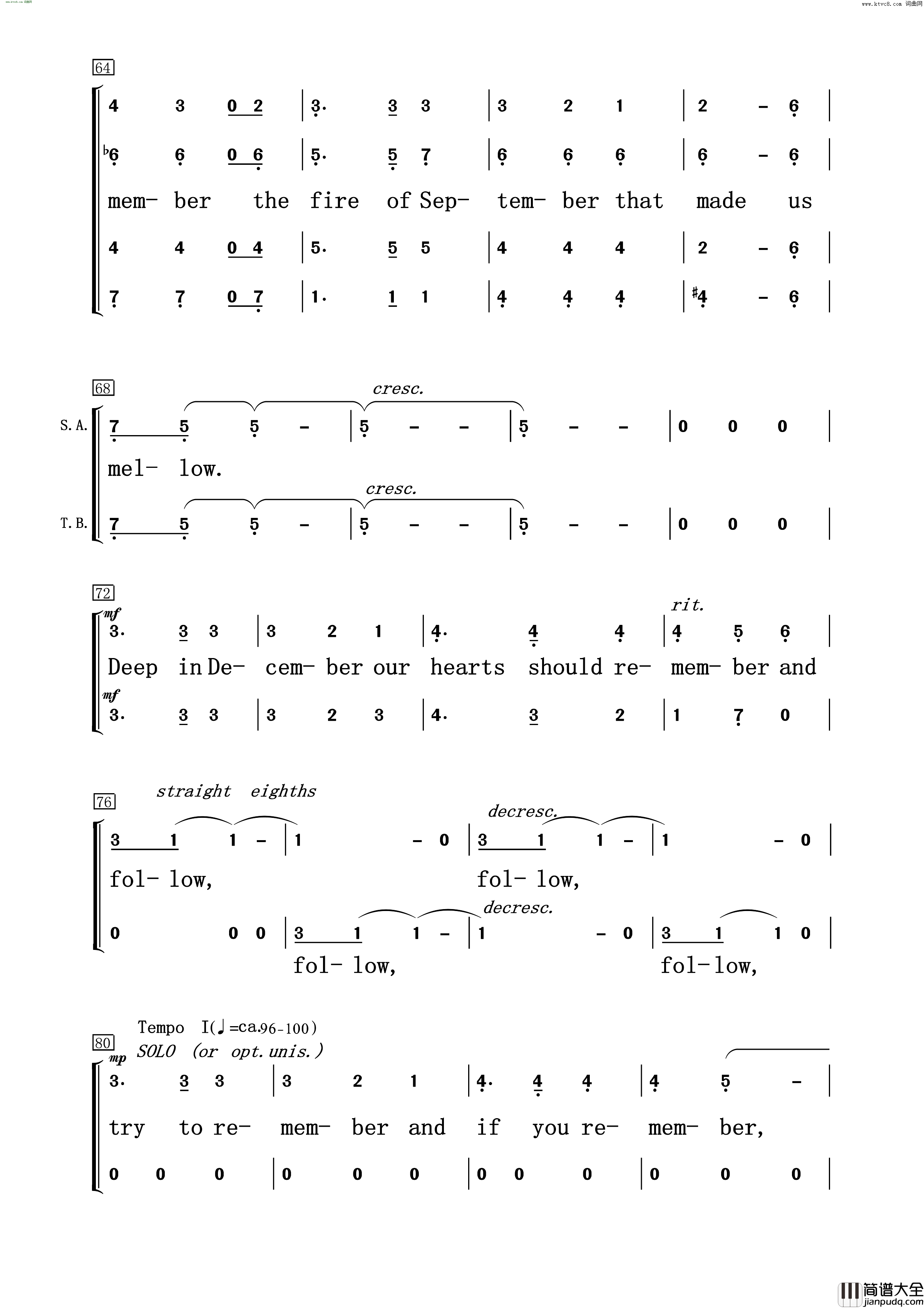 try_to_remember混声合唱简谱简谱