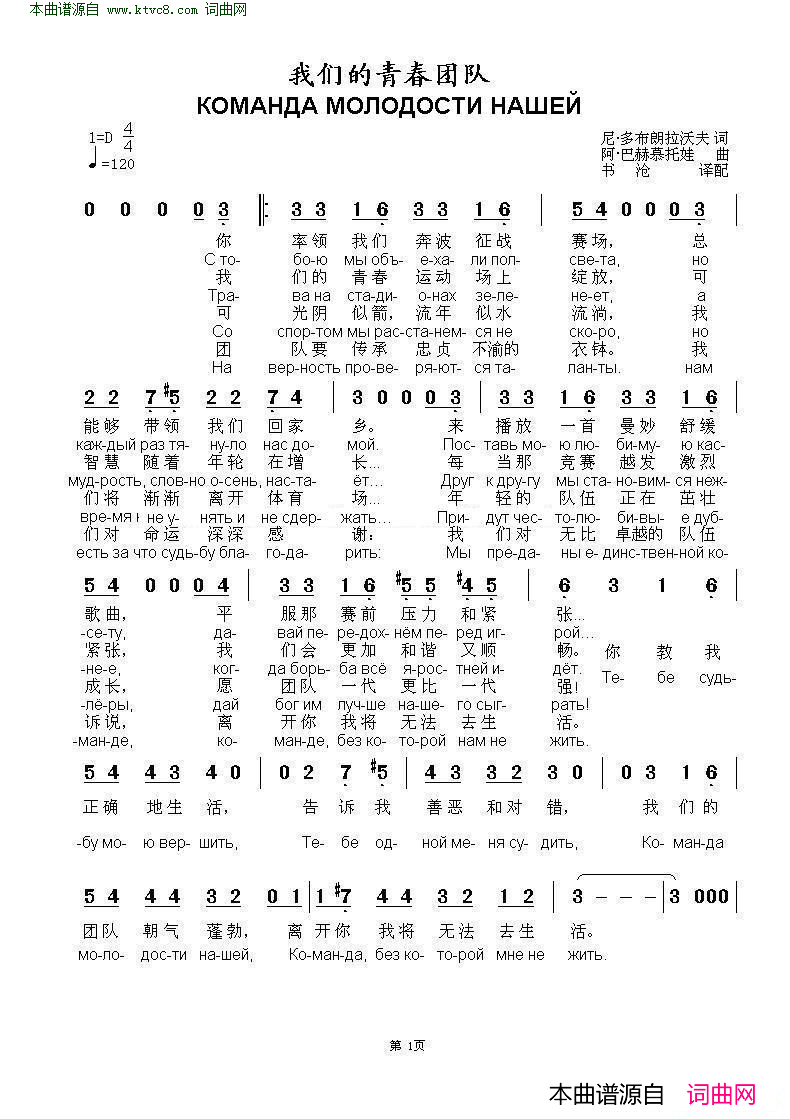 我们的青春团队КОМАНДА_МОЛОДОСТИ_НАШЕЙ_中俄简谱简谱_列夫·列辛科演唱_尼·多布朗拉沃夫/阿·巴赫慕托娃词曲