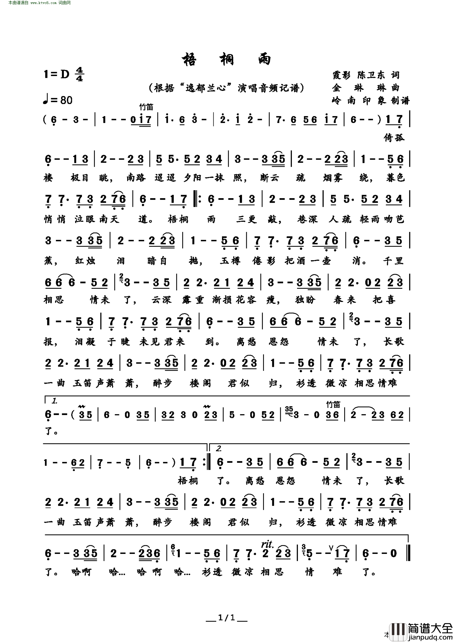 梧桐雨_“逸郁兰心”演唱版简谱_逸郁兰心演唱_霞影、陈卫东/金琳琳词曲