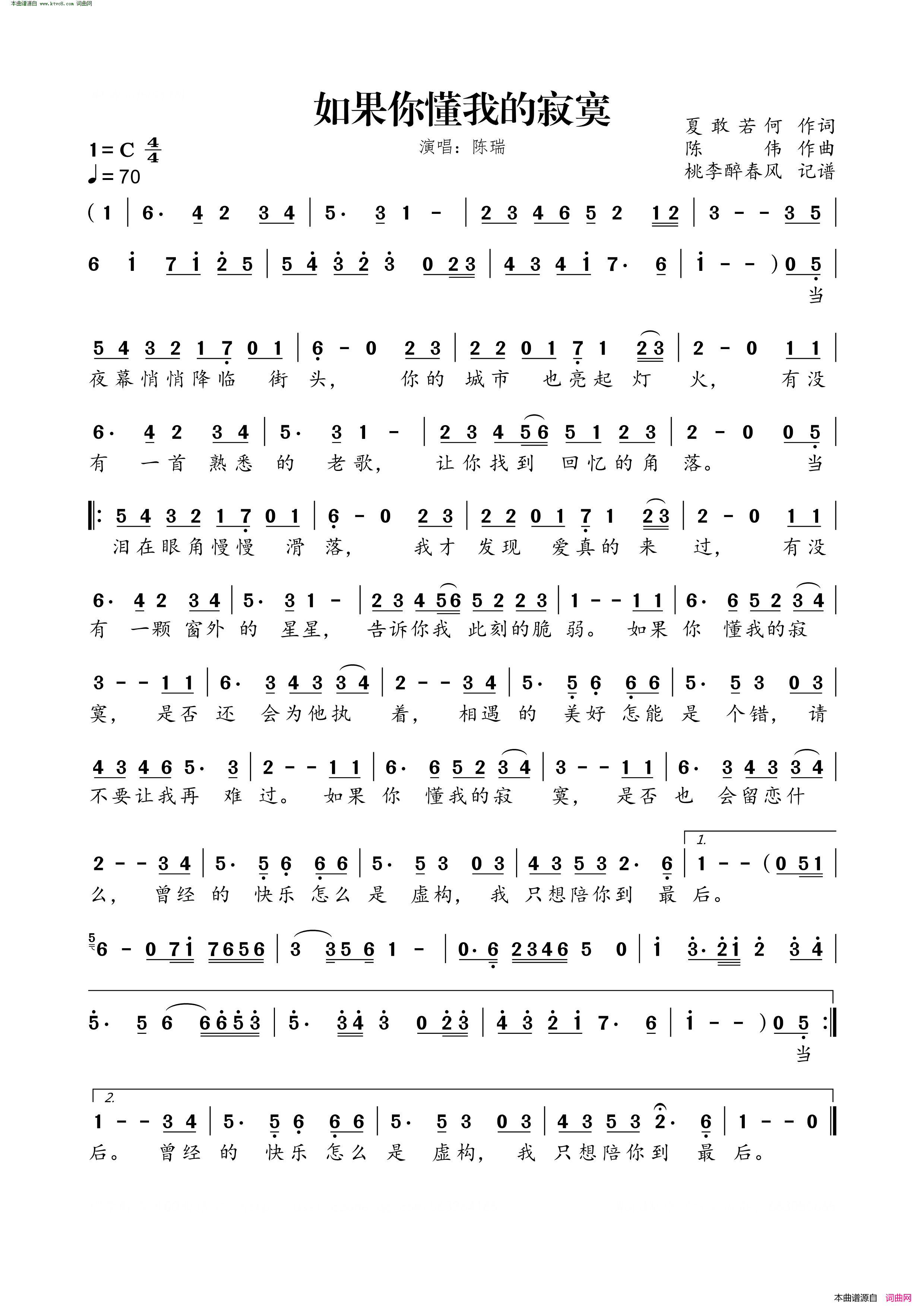 如果你懂我的寂寞简谱_陈瑞演唱_夏敢若何/陈伟词曲