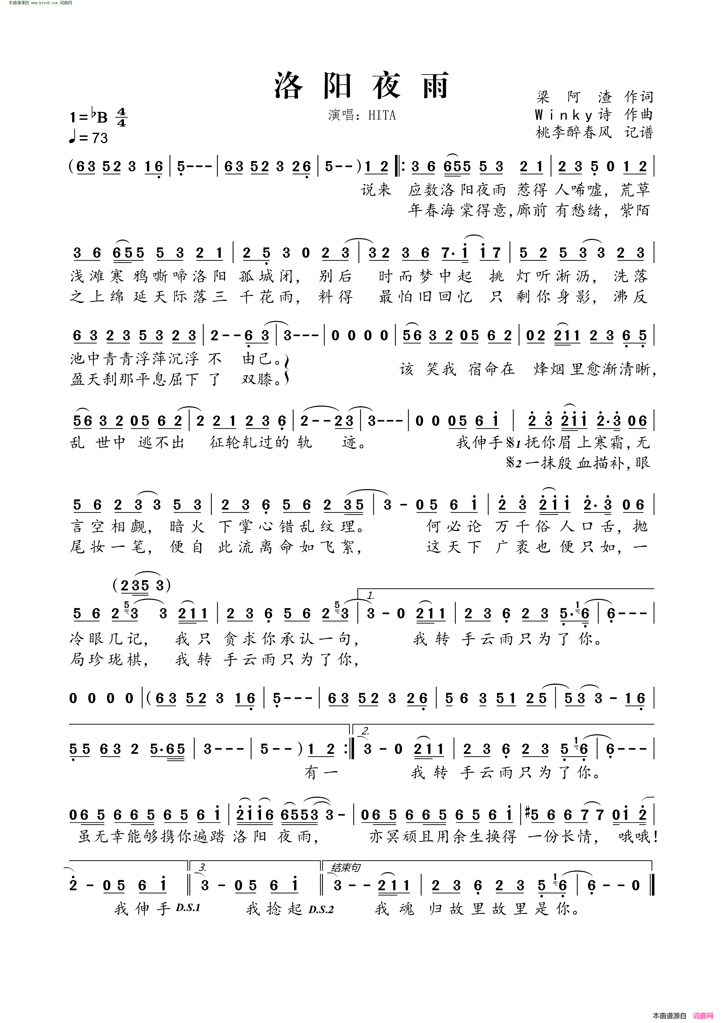 洛阳夜雨简谱_HITA演唱_梁阿渣/Winky词曲