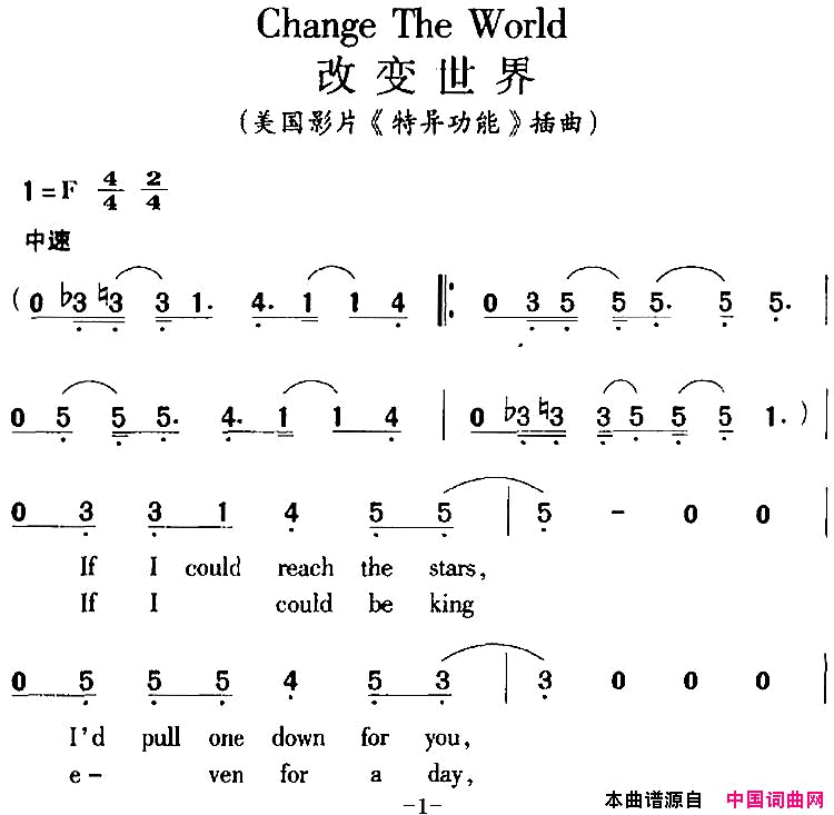 ChangeTheWorld改变世界美国影片_特异功能_插曲Change_The_World_改变世界美国影片_特异功能_插曲简谱