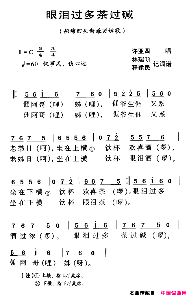眼泪过多茶过碱河源民歌简谱_许亚四演唱_林瑞玠、程建民词曲