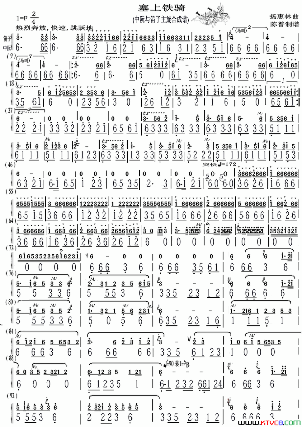 赛上铁骑中阮与笛子主旋合成谱简谱