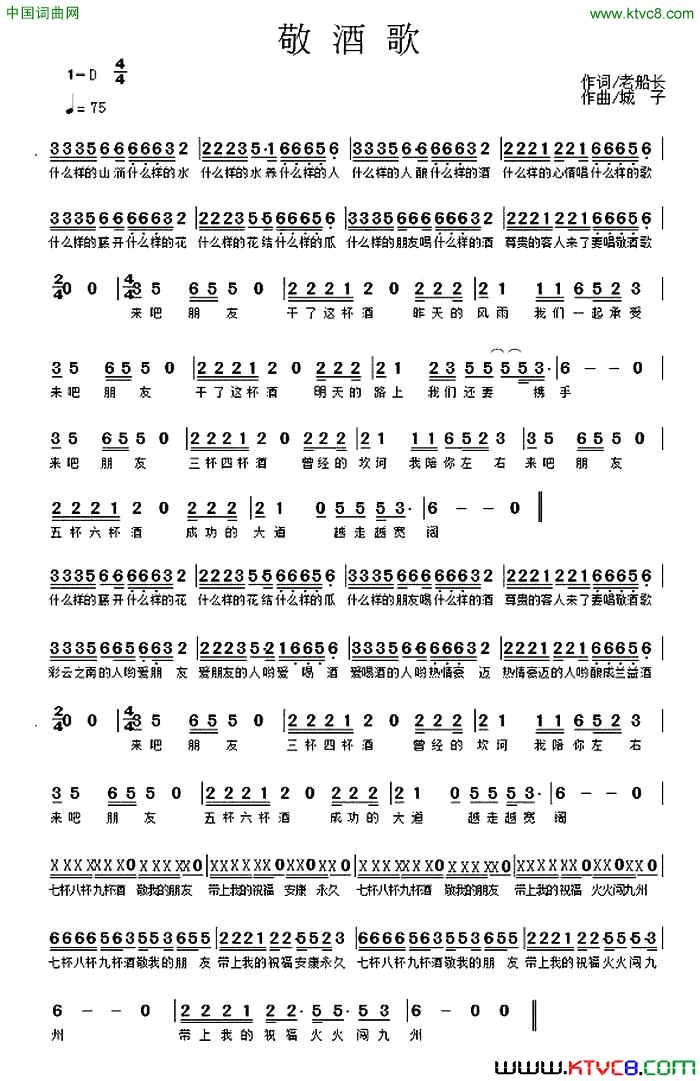 敬酒歌老船长词城子曲敬酒歌老船长词_城子曲简谱_张德力演唱_老船长/城子词曲