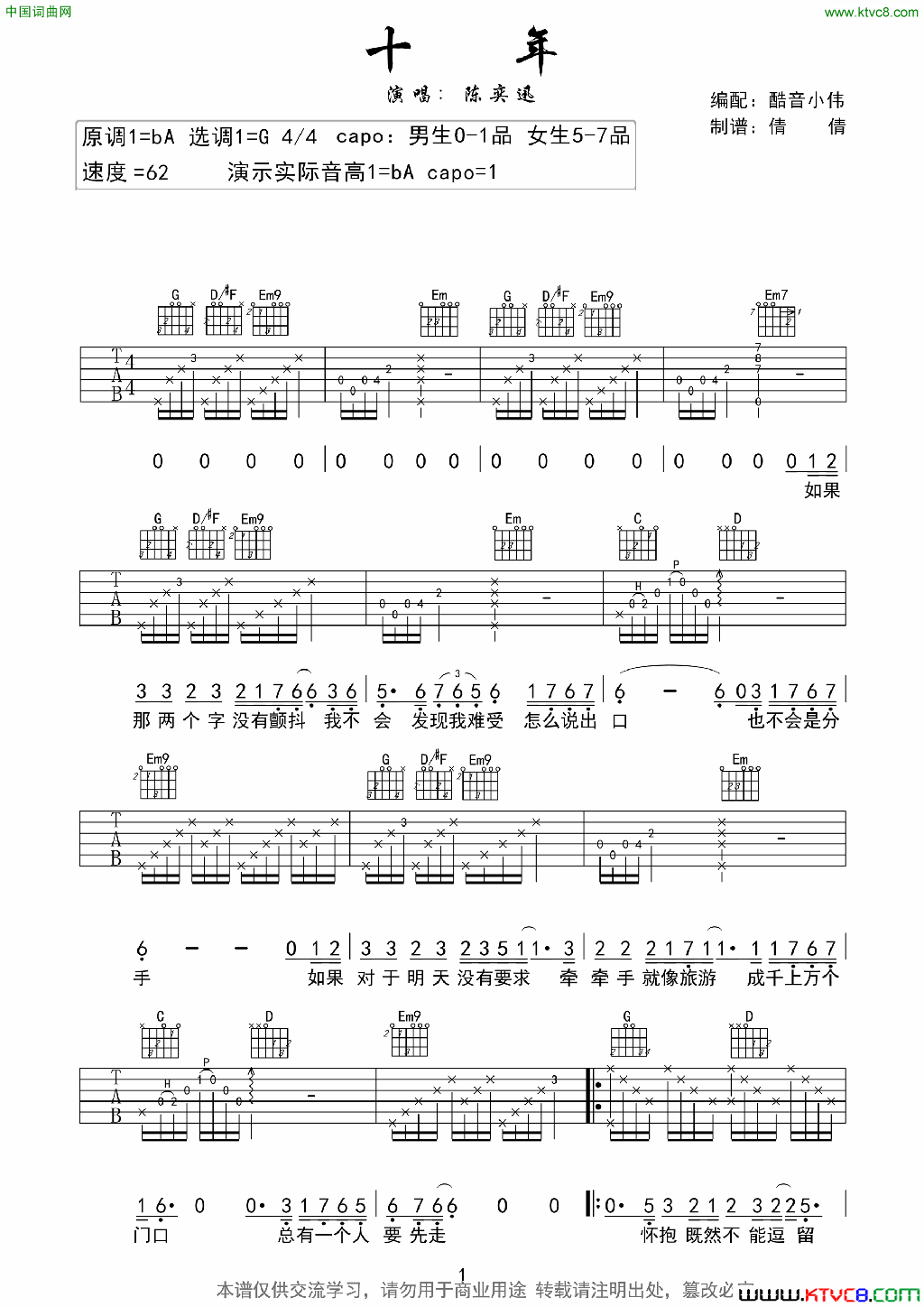 十年带前奏间奏酷音小伟编谱十年带前奏间奏_酷音小伟编谱简谱_陈奕迅演唱_林夕/陈晓霞词曲