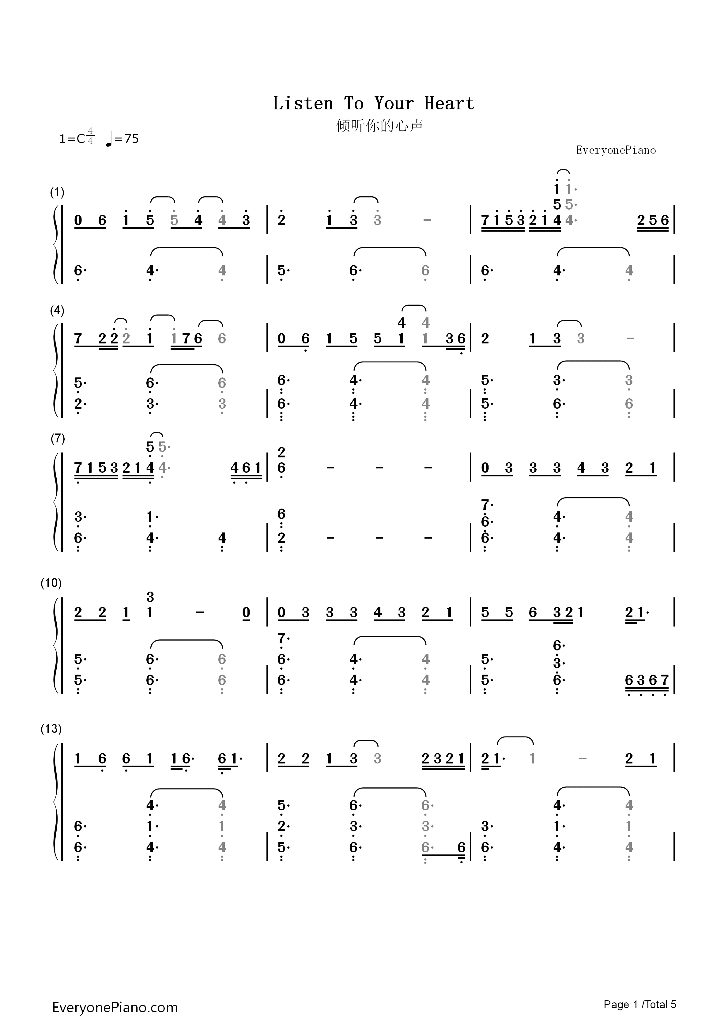 Listen_To_Your_Heart(倾听你的心声)钢琴简谱_Roxette演唱