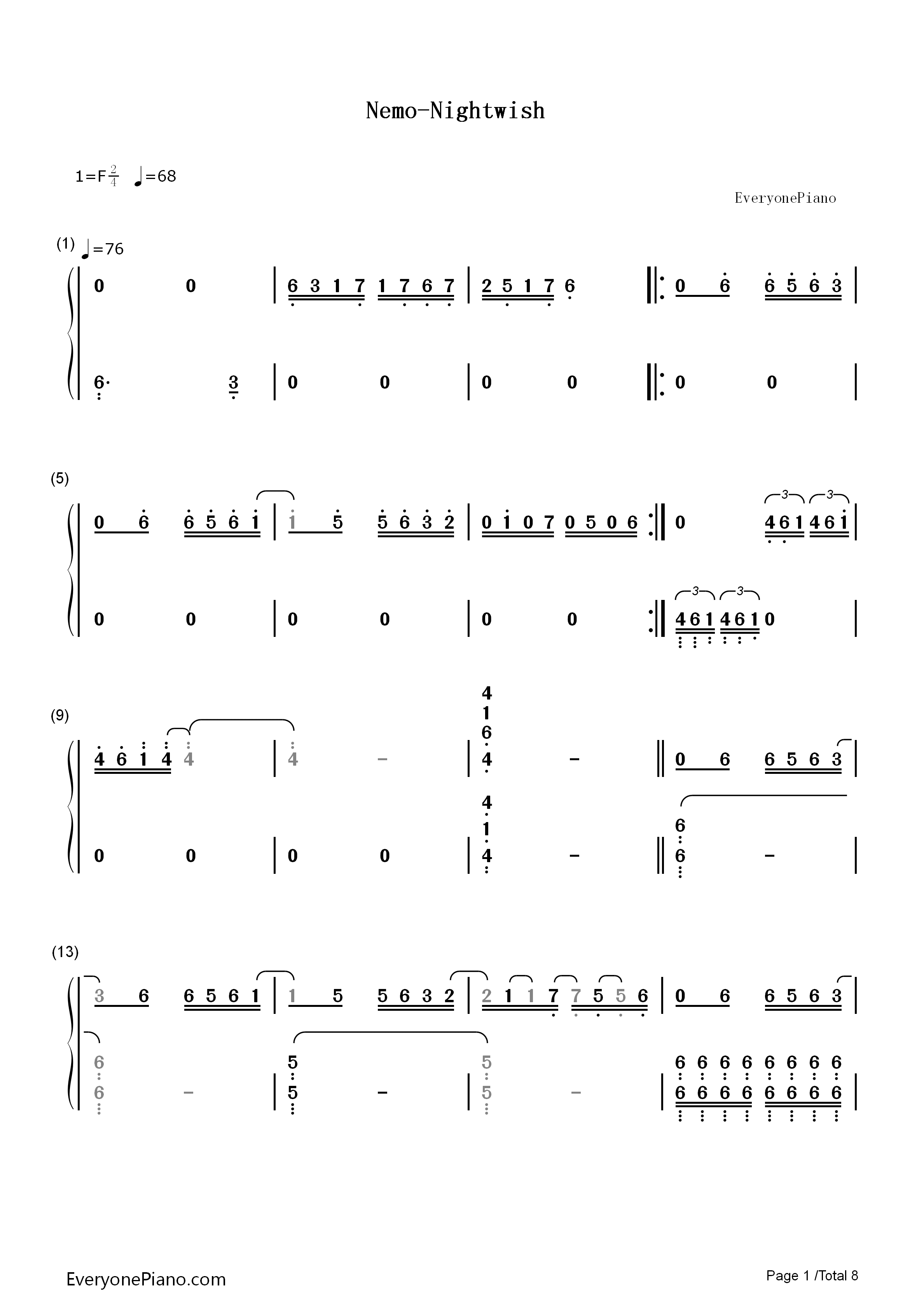 Nemo钢琴简谱_Nightwish演唱