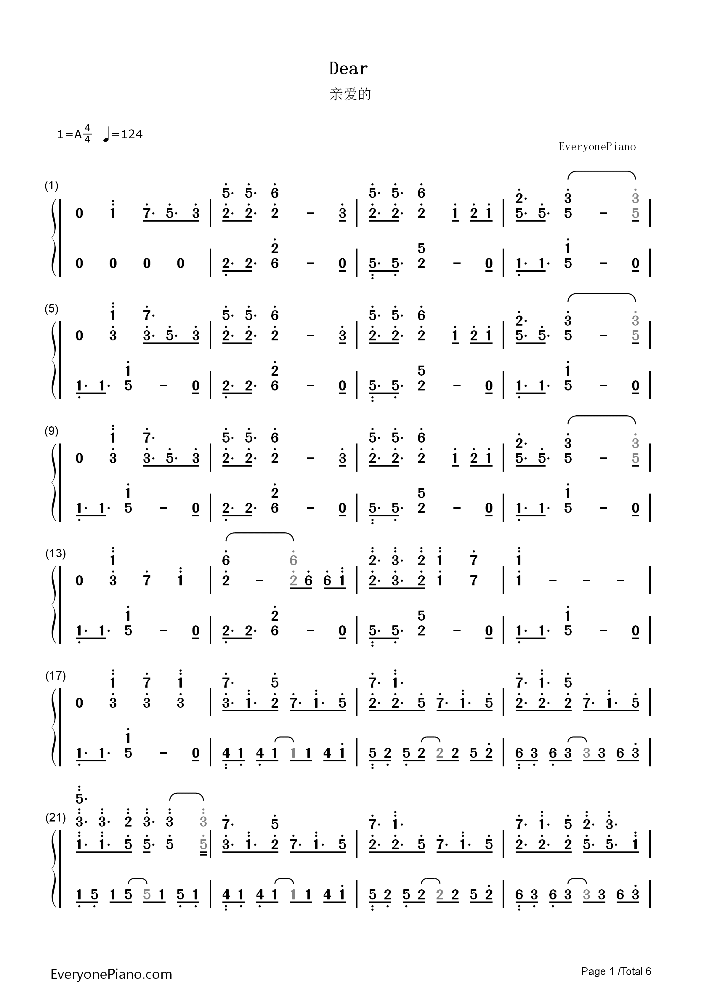 Dear钢琴简谱_初音未来_19's_Sound_Factory演唱