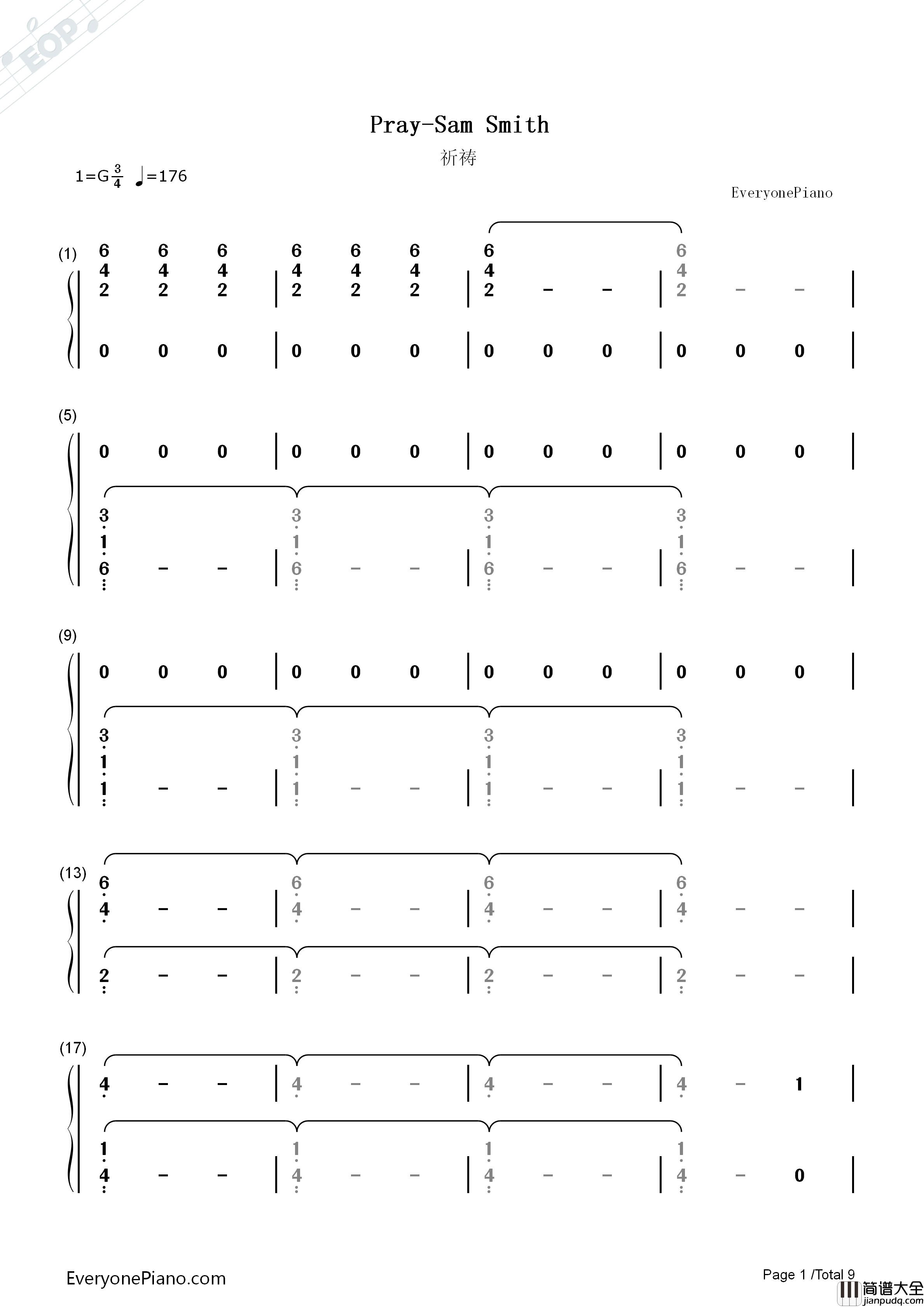 Pray钢琴简谱_Sam_Smith演唱