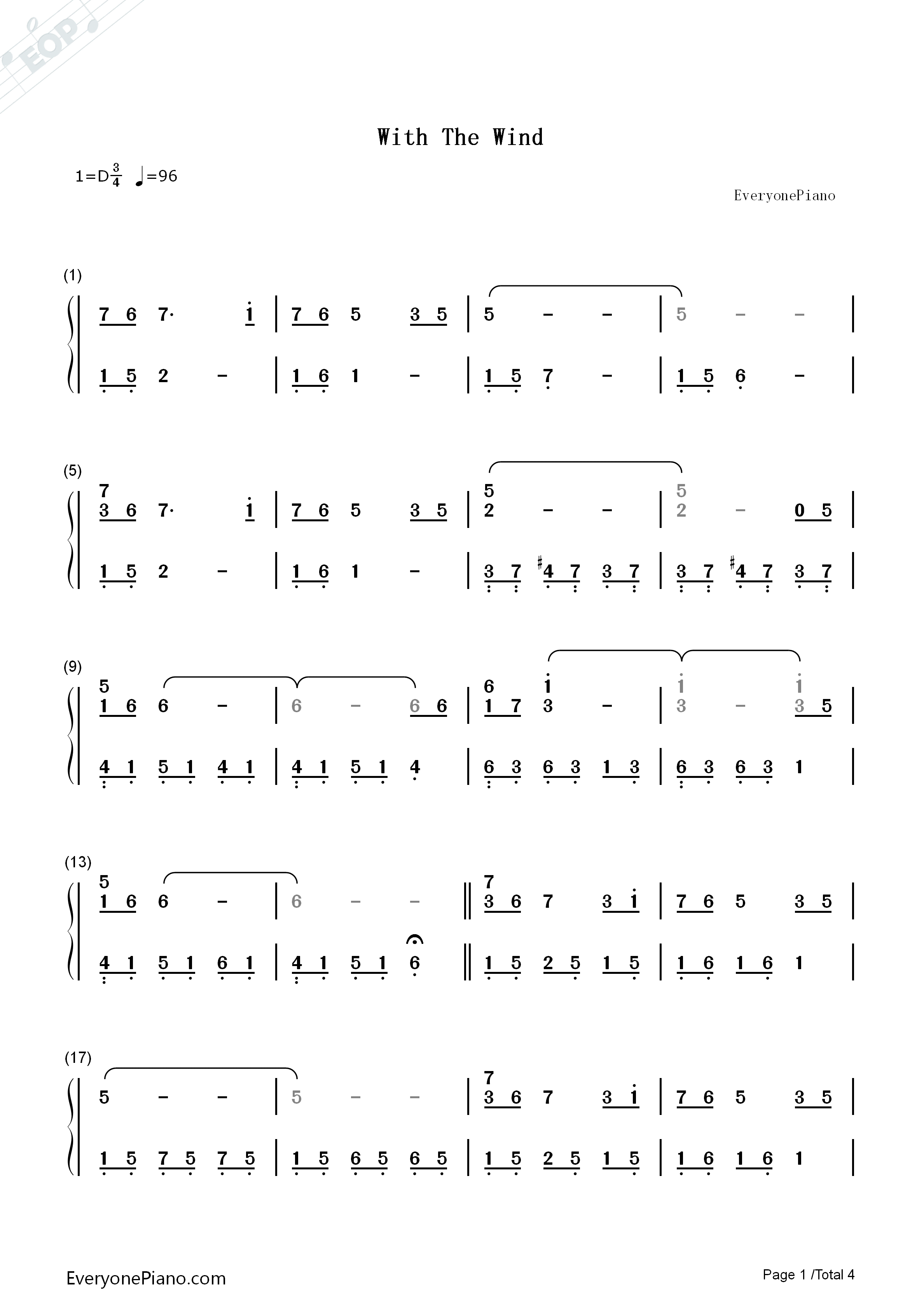 With_the_Wind钢琴简谱_李闰珉演唱