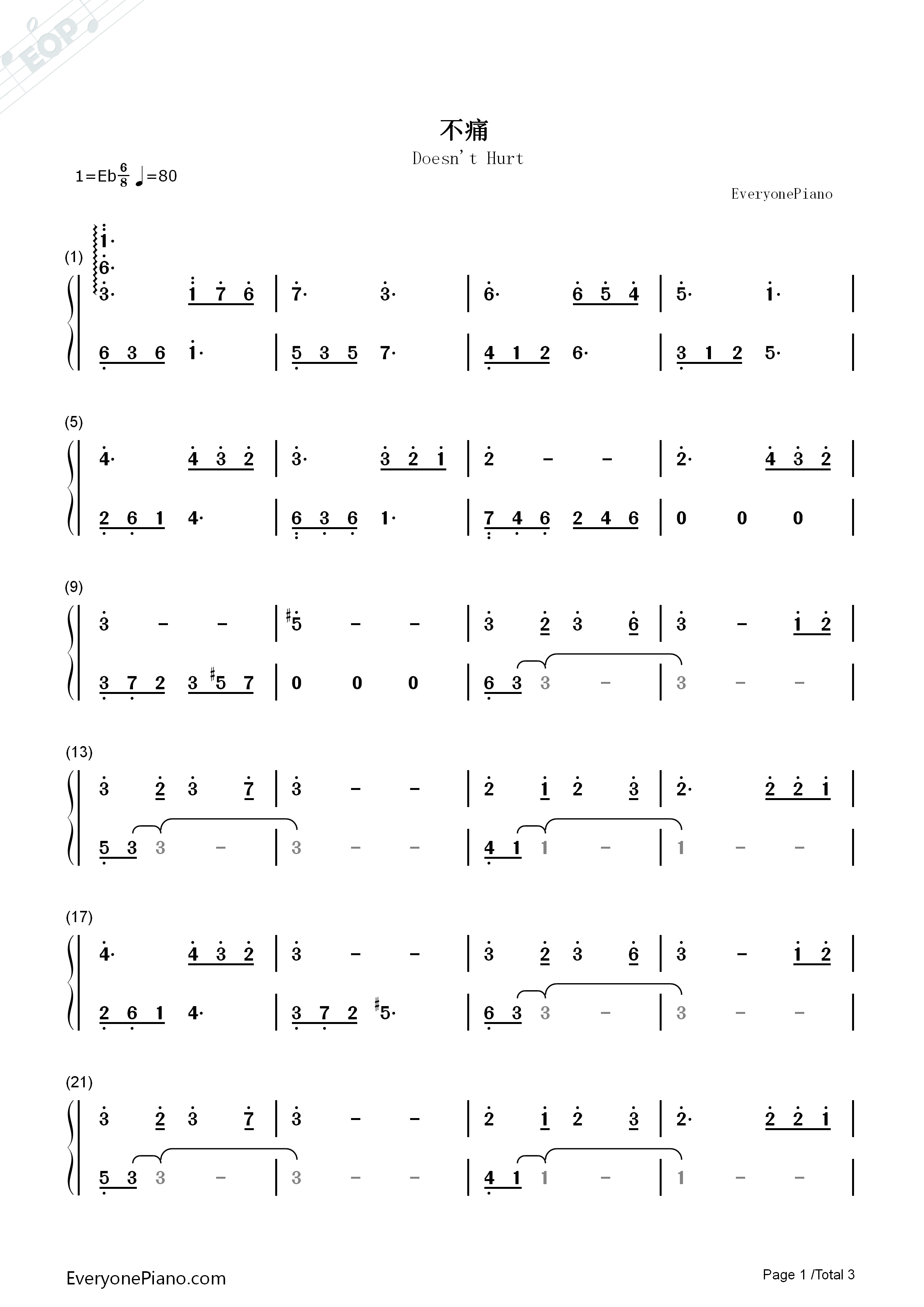 不痛钢琴简谱_樊凡演唱