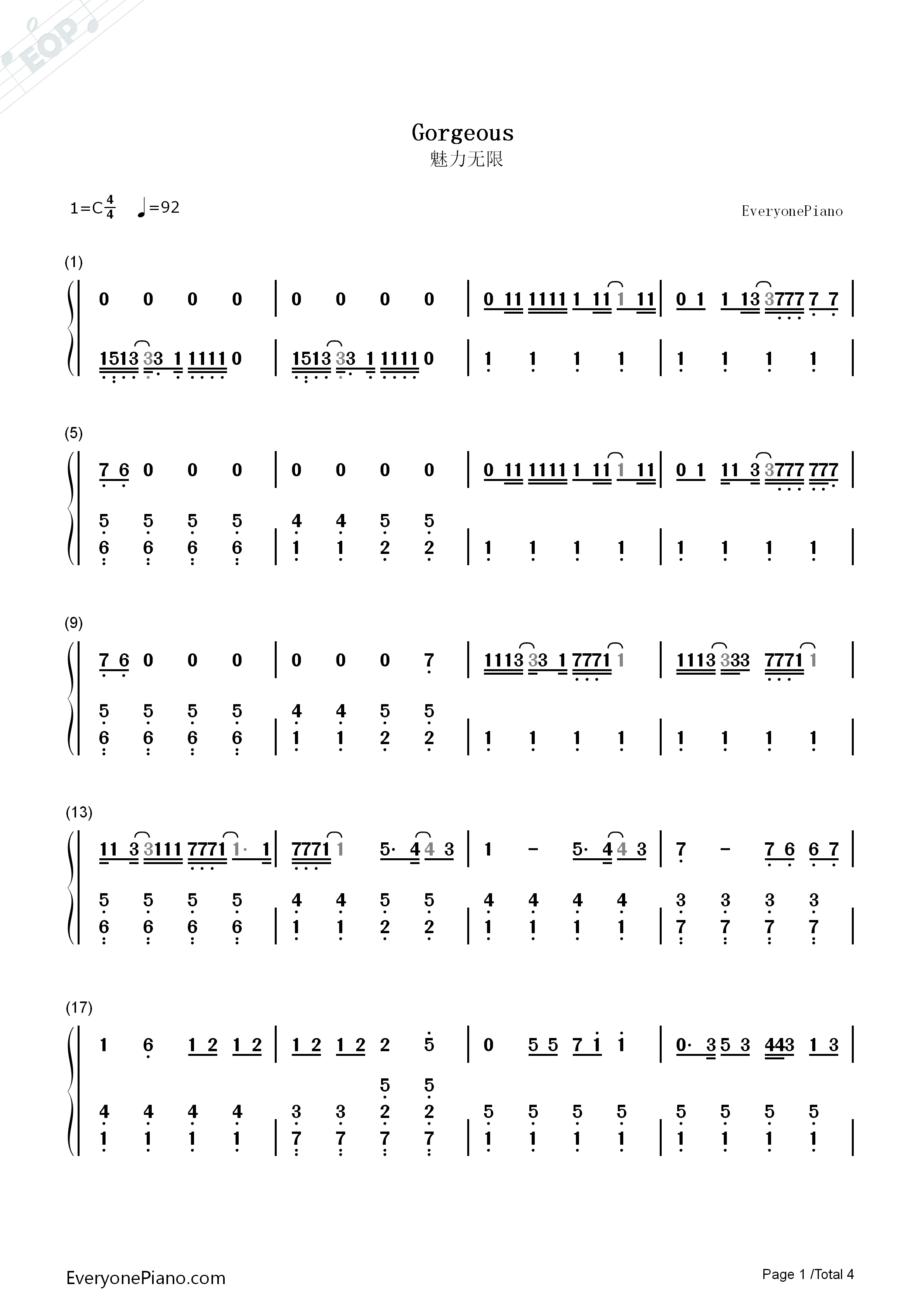 Gorgeous钢琴简谱_Taylor_Swift演唱