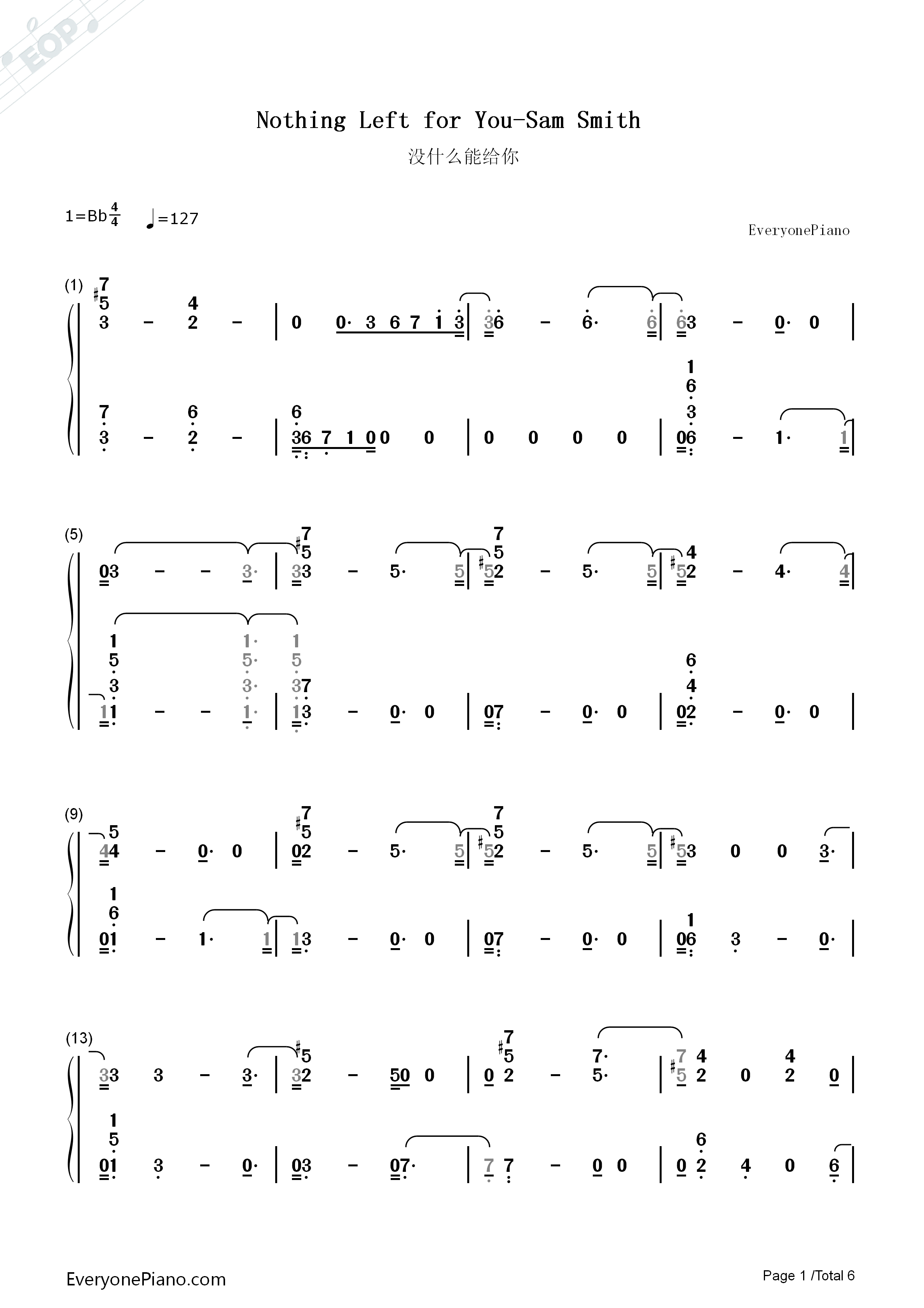 Nothing_Left_for_You钢琴简谱_Sam_Smith演唱